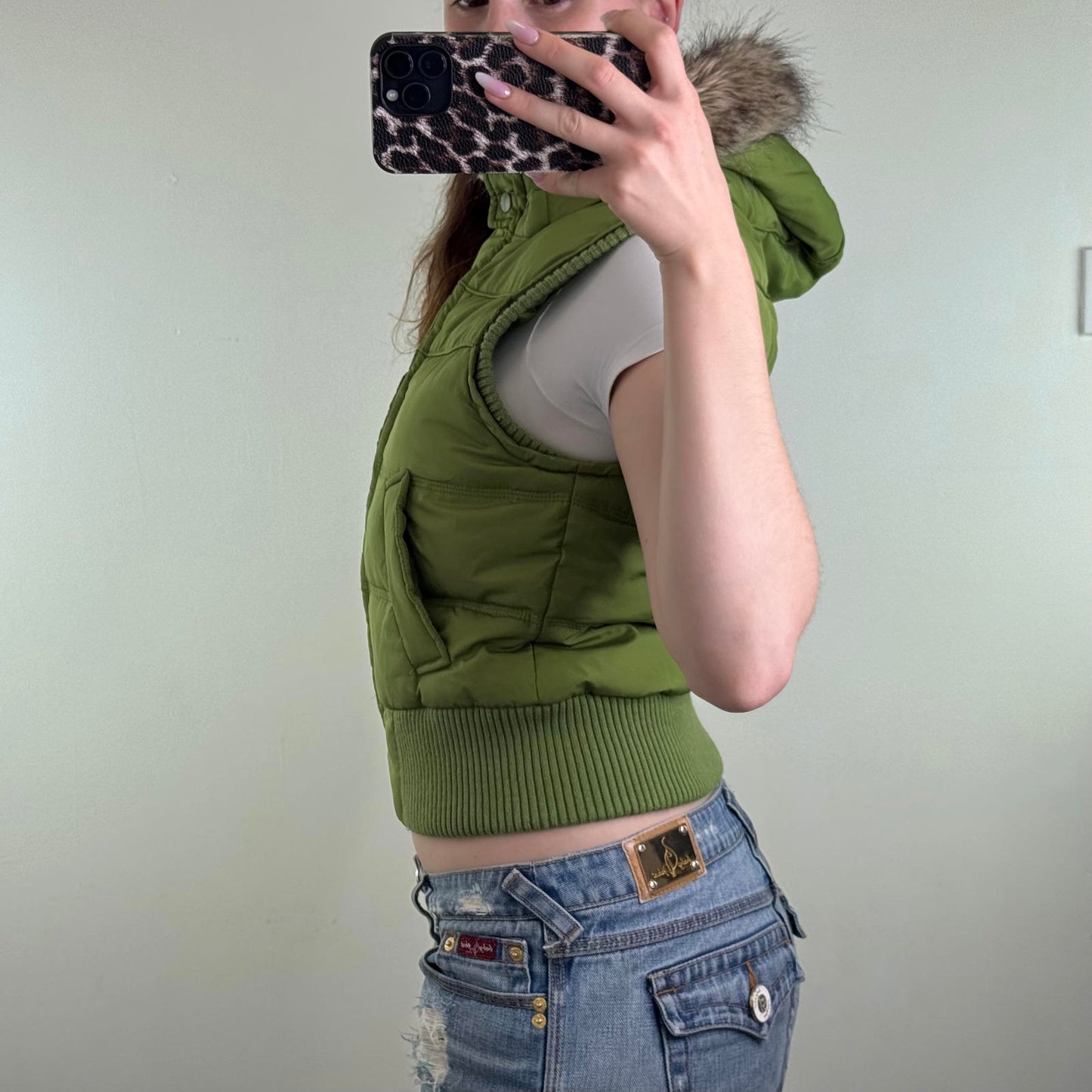 Y2K vintage Aeropostale gilet sleeveless jacket body warmer faux fur trim hood