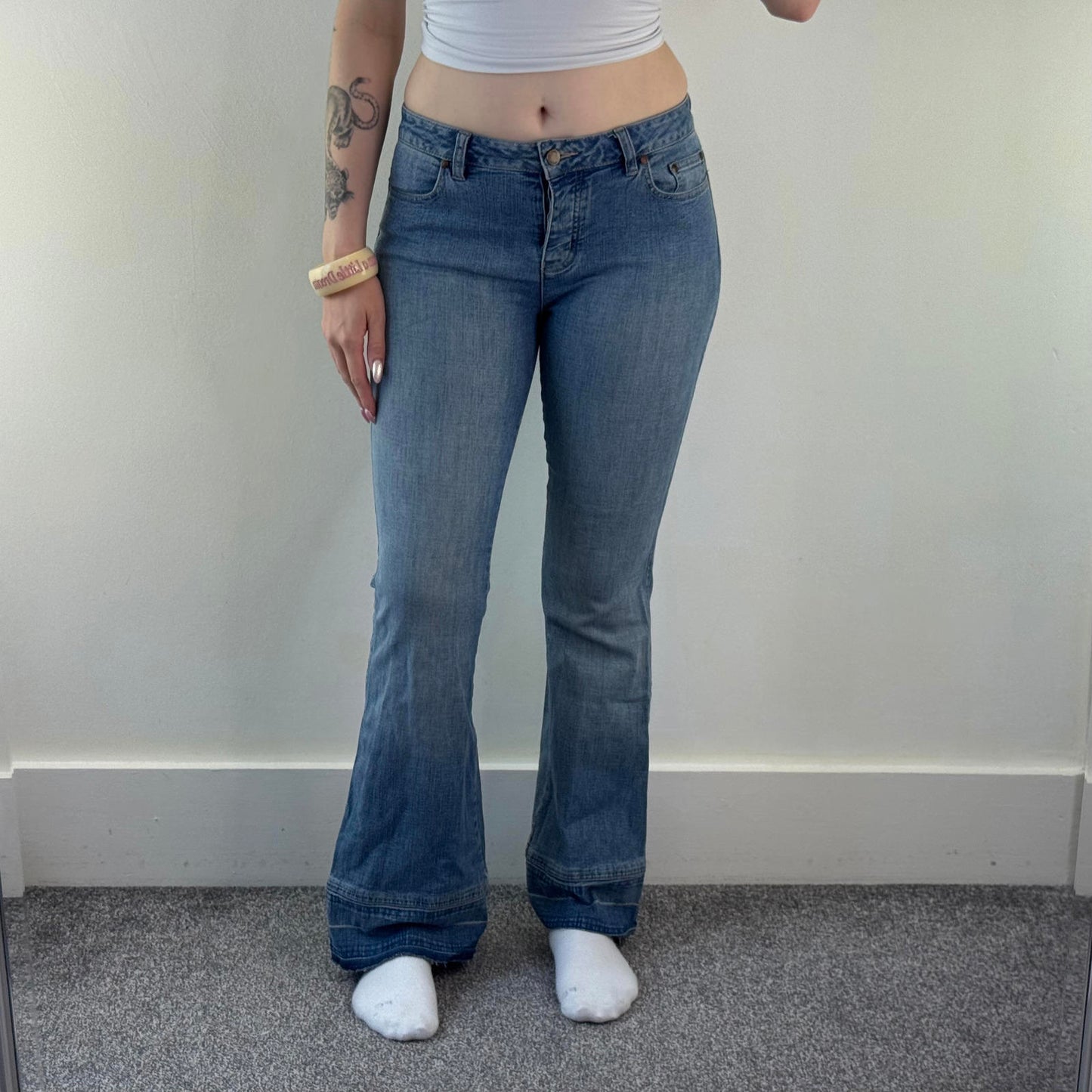 Y2K vintage mid rise light denim bootcut jeans flare leg faded