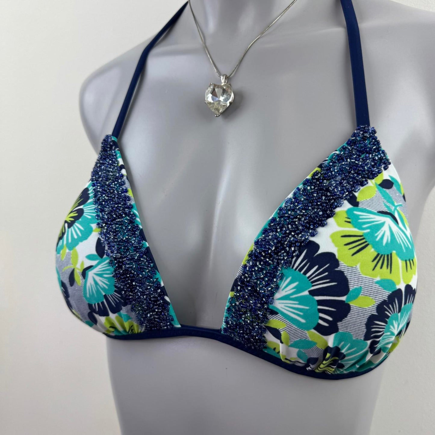Y2K vintage light push up halter neck bikini top floral print beaded