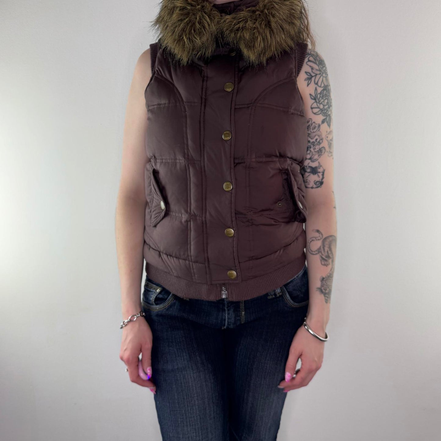 Y2K vintage padded faux fur trim gilet body warmer zip up feather down mcbling