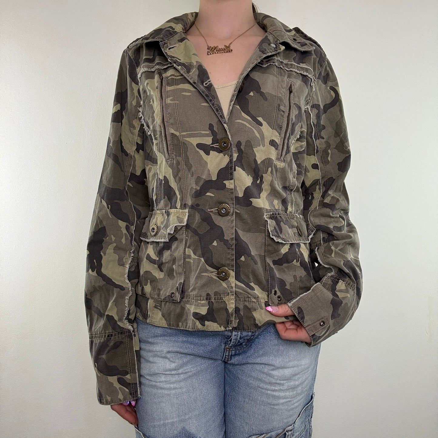 Y2K vintage denim jacket sequin phoenix camo embroidered fraying hem button up