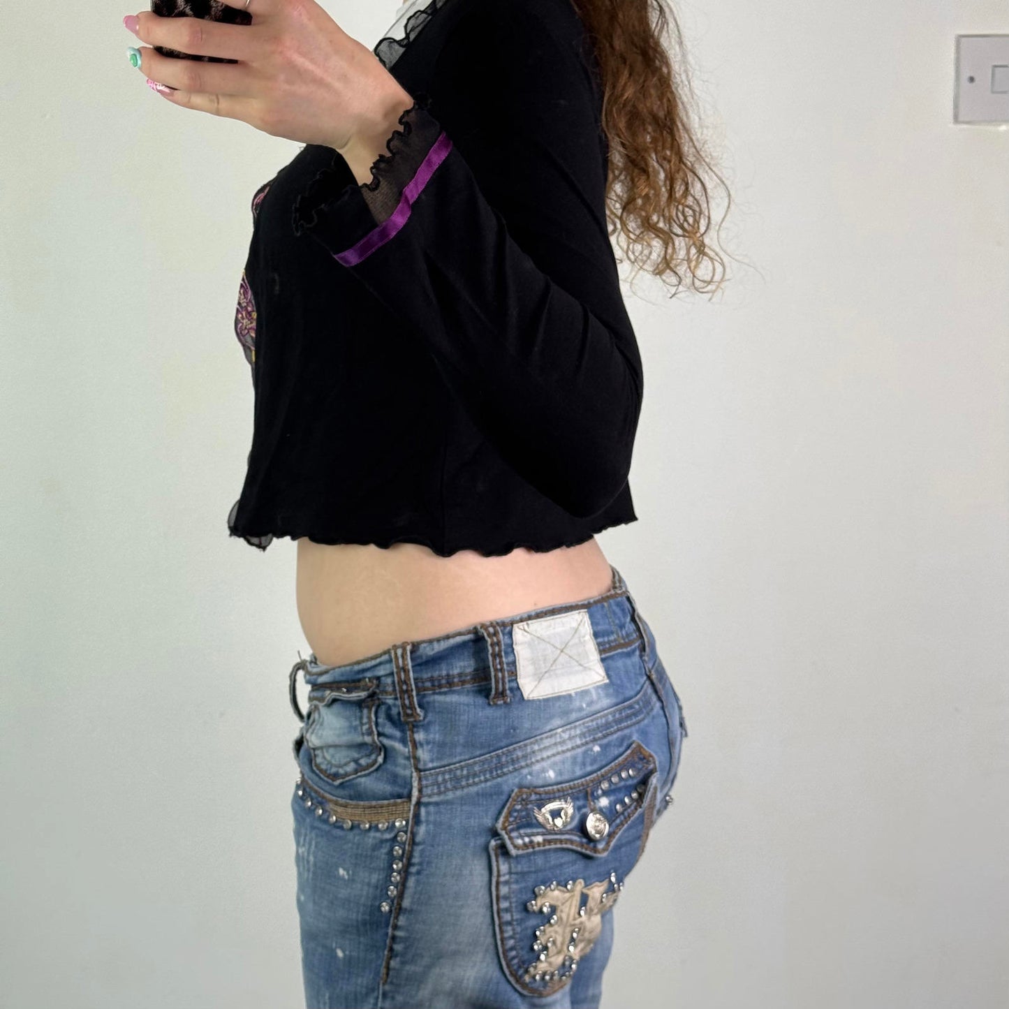 Y2K vintage floral trim cardigan hook and eye open front lettuce hem long sleeve