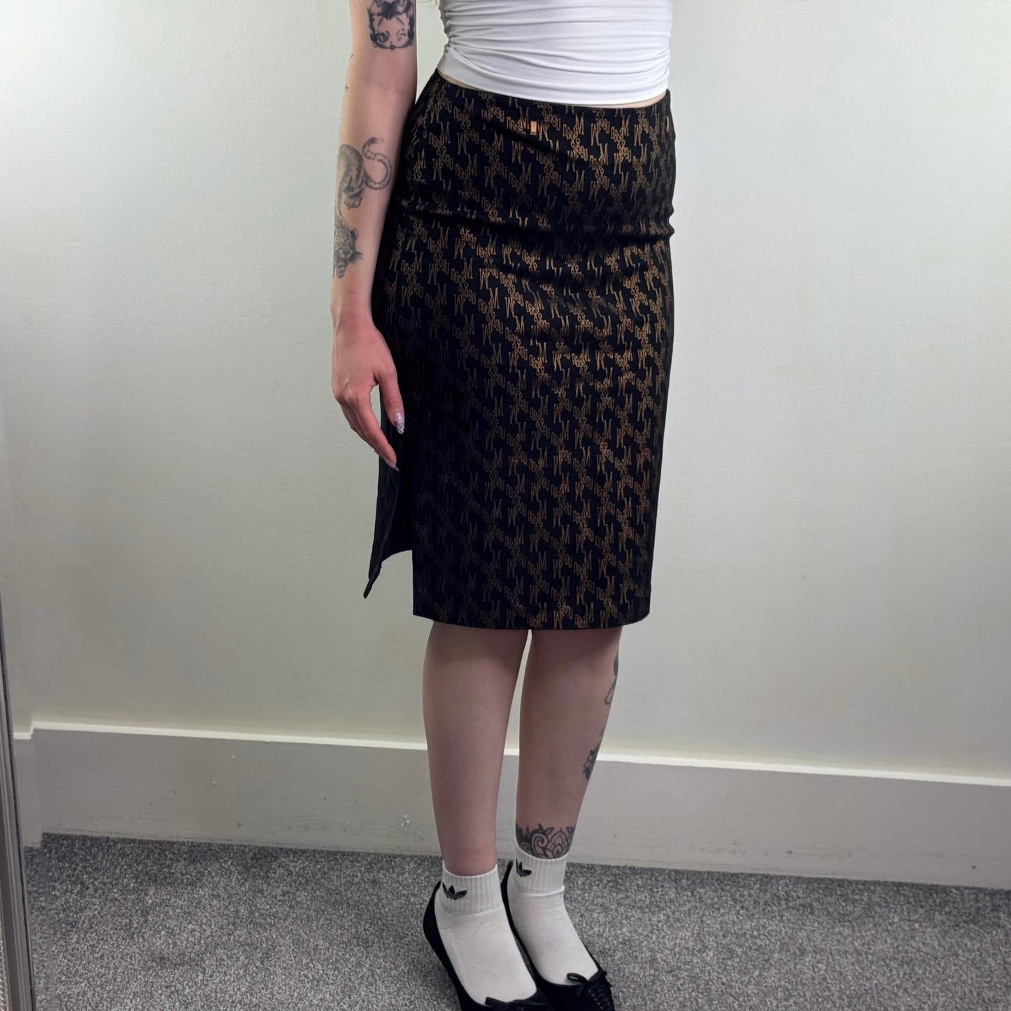 Y2K vintage Morgan De Toi midi skirt thigh slit black gold knee length tailored