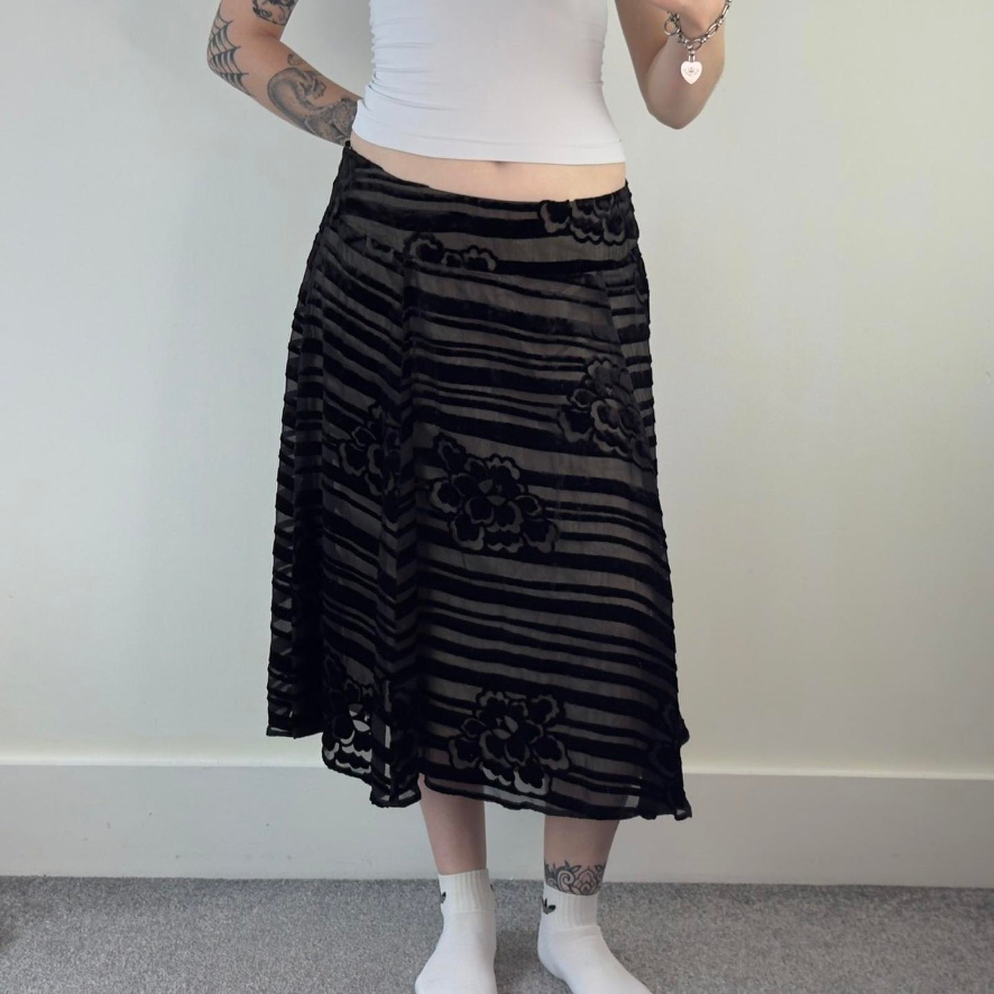 Y2K vintage part silk striped midi skirt a line black beige double overlay lined