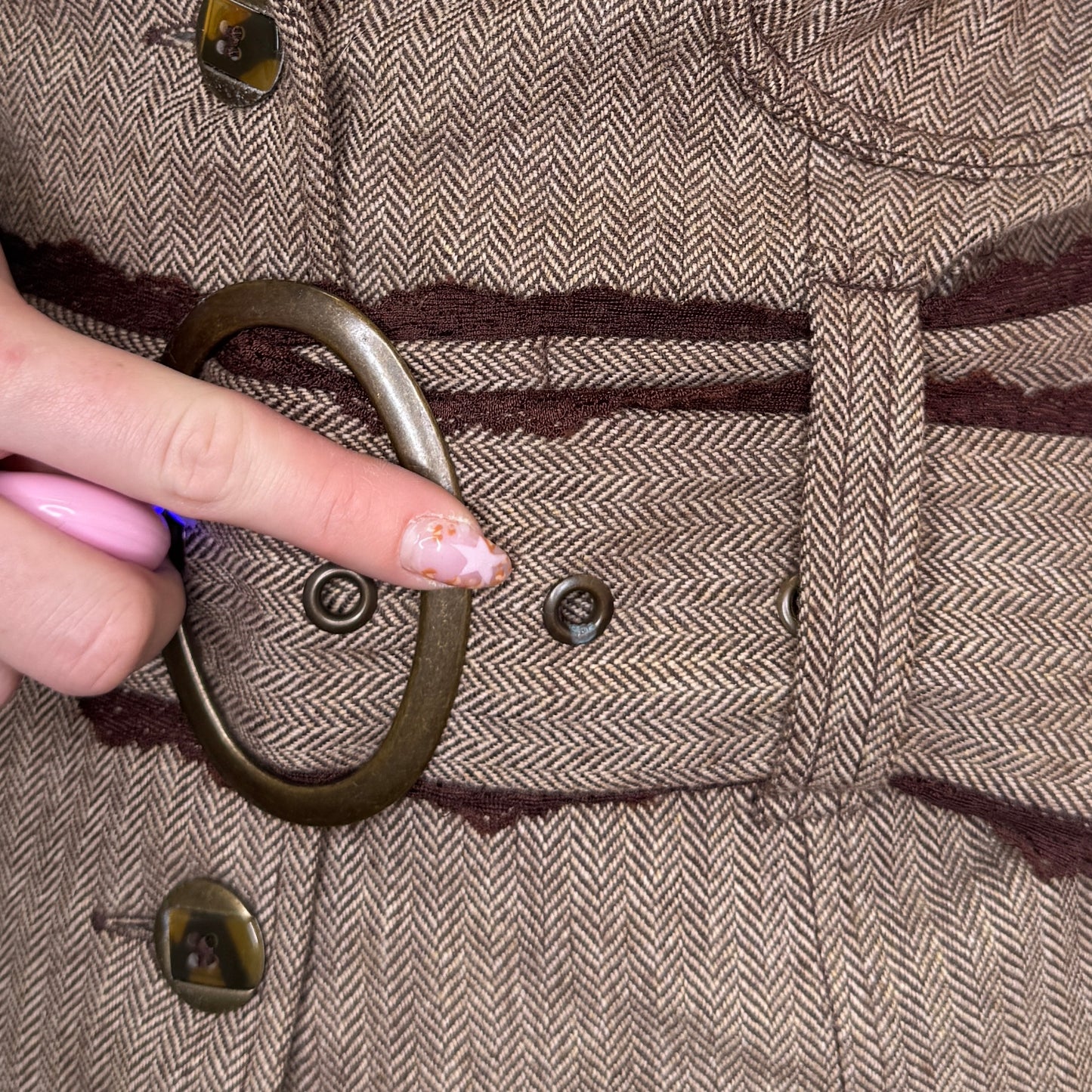 Y2K vintage herringbone lace trim tweed jacket with belt