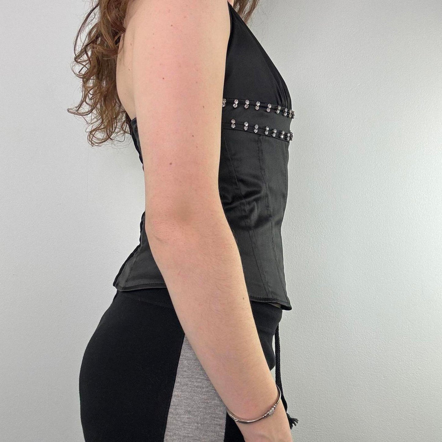 Y2K vintage rhinestone boned satin halter neck top fitted clubbing going out