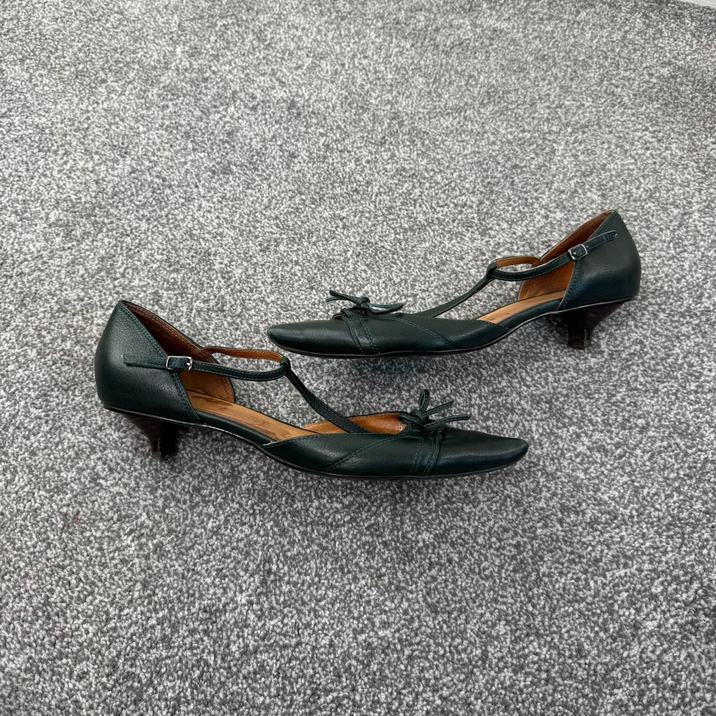 Y2K vintage genuine leather kitten heels pointed toe bow strappy dark green