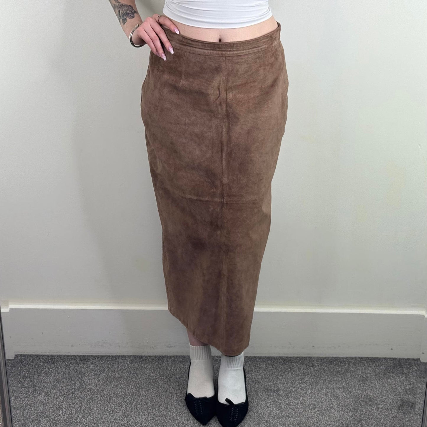 Y2K vintage genuine leather suede maxi skirt a line long full length brown