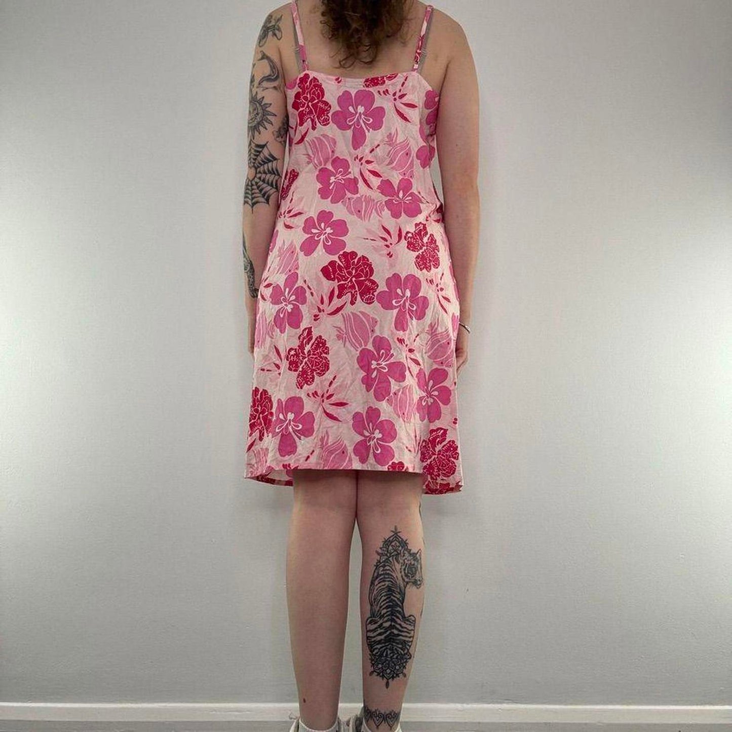 Y2K vintage floral hibiscus ruched bust midi dress summer strappy pink