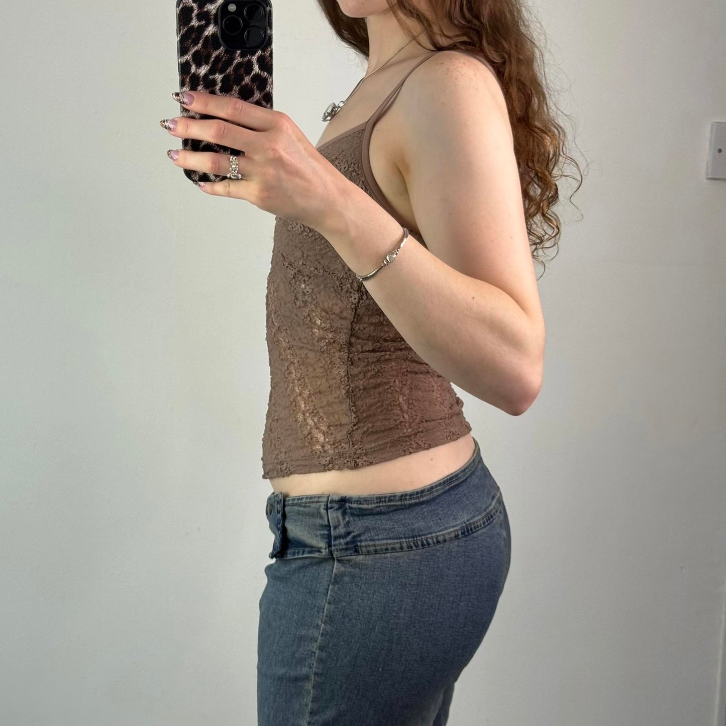 Y2K vintage stretchy mesh cami top sheer strappy light brown strappy fairy