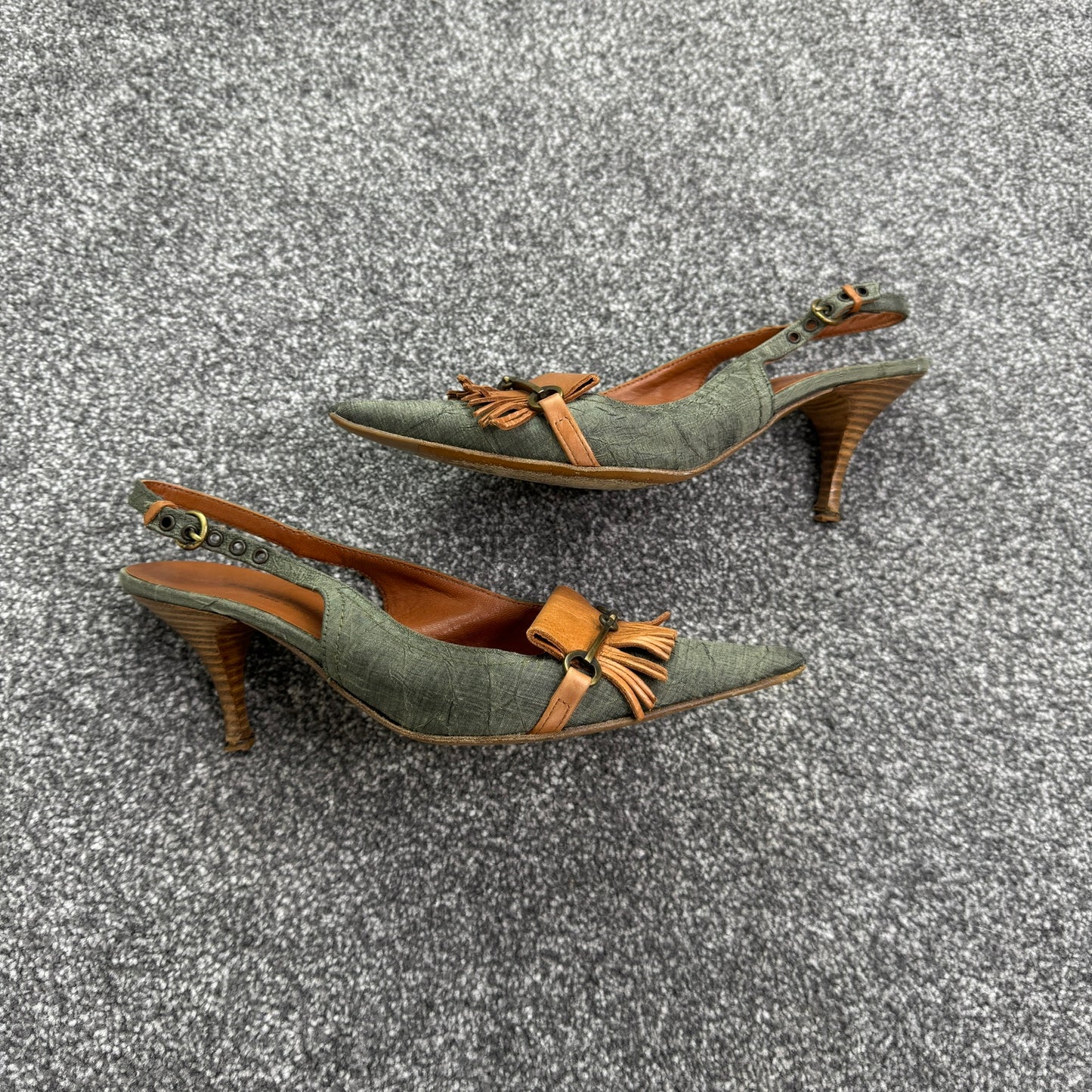 Y2K vintage denim kitten heels pointed leather fringe buckle snaffle bit archive