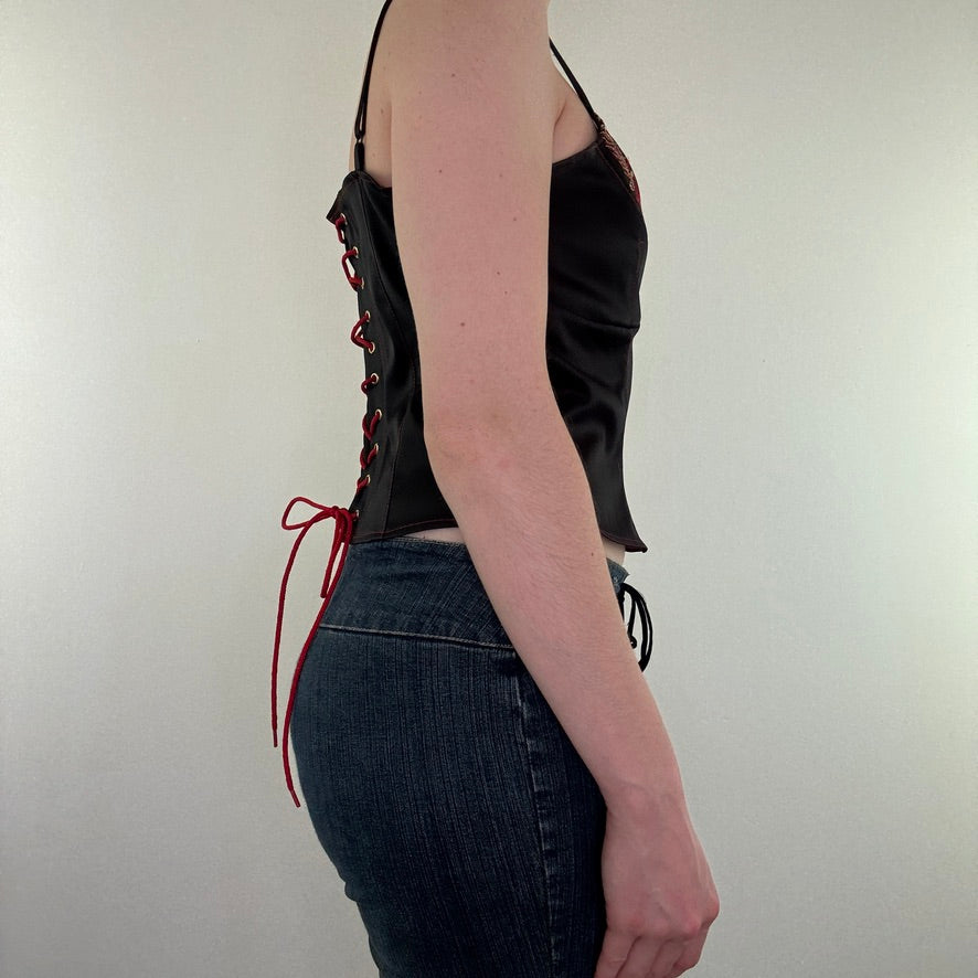 Y2K vintage satin cami embroidered lace up top