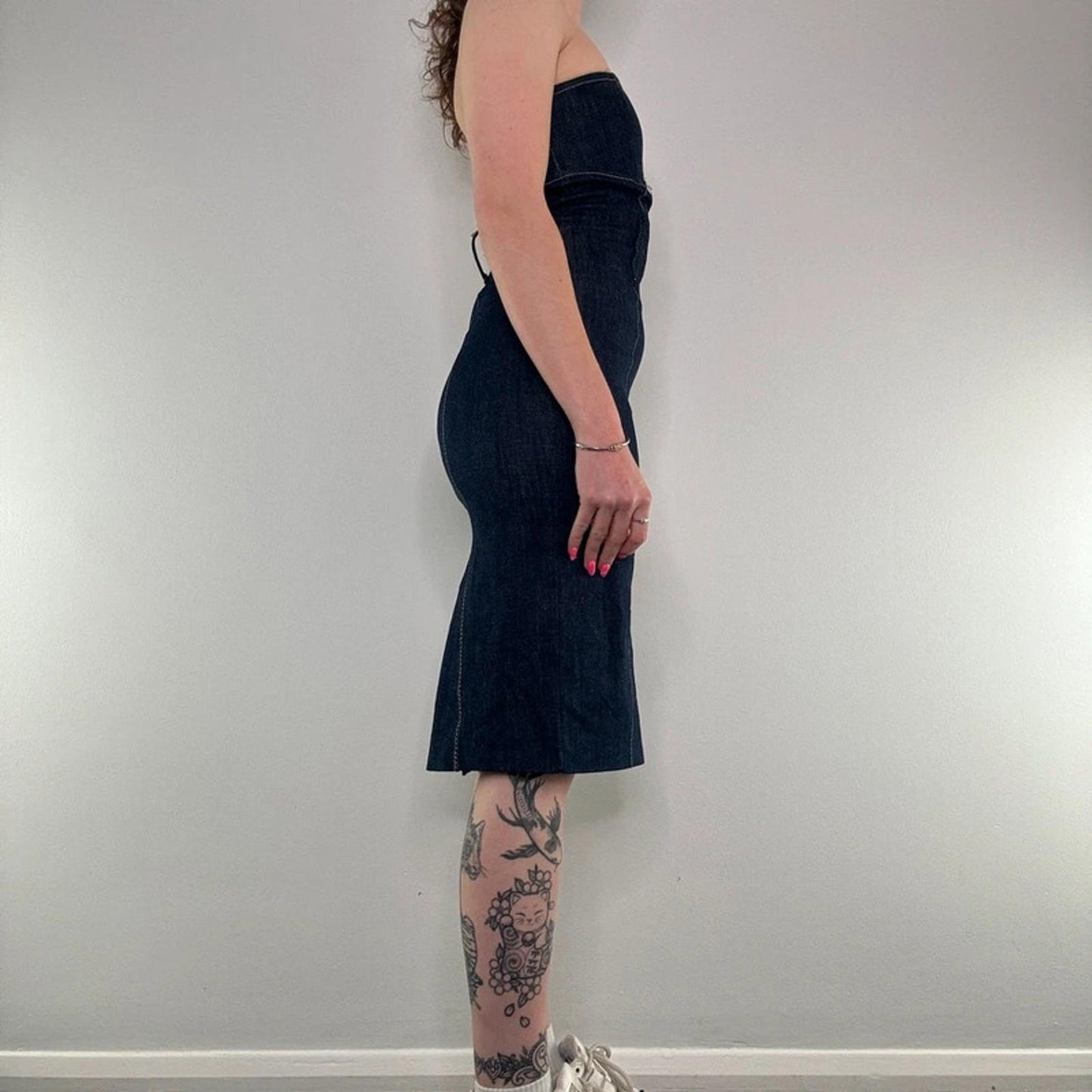 Y2K vintage fitted strapless denim midi dress contrast stitch
