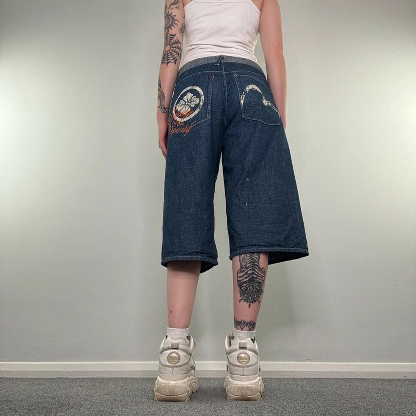 Y2K vintage Evisu reversible jorts denim shorts cropped capri baggy wide leg