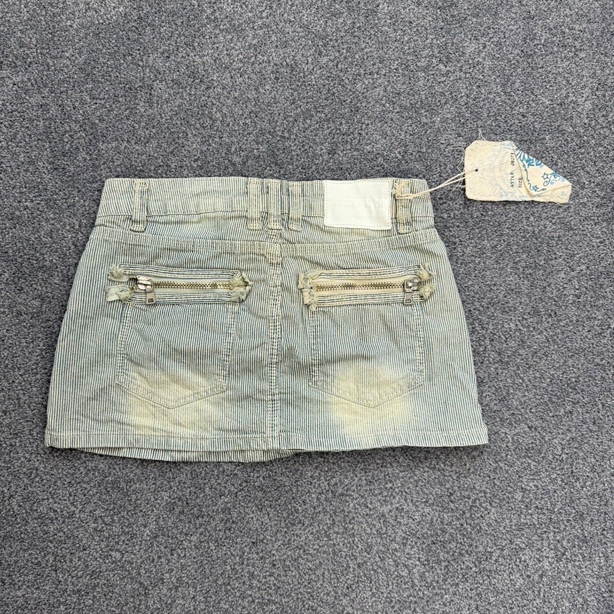 Y2K low rise pinstripe faded denim mini skirt