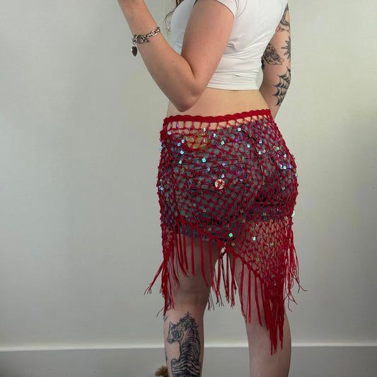 Y2K vintage crochet sequin beach swim cover up tassel red adjustable bow