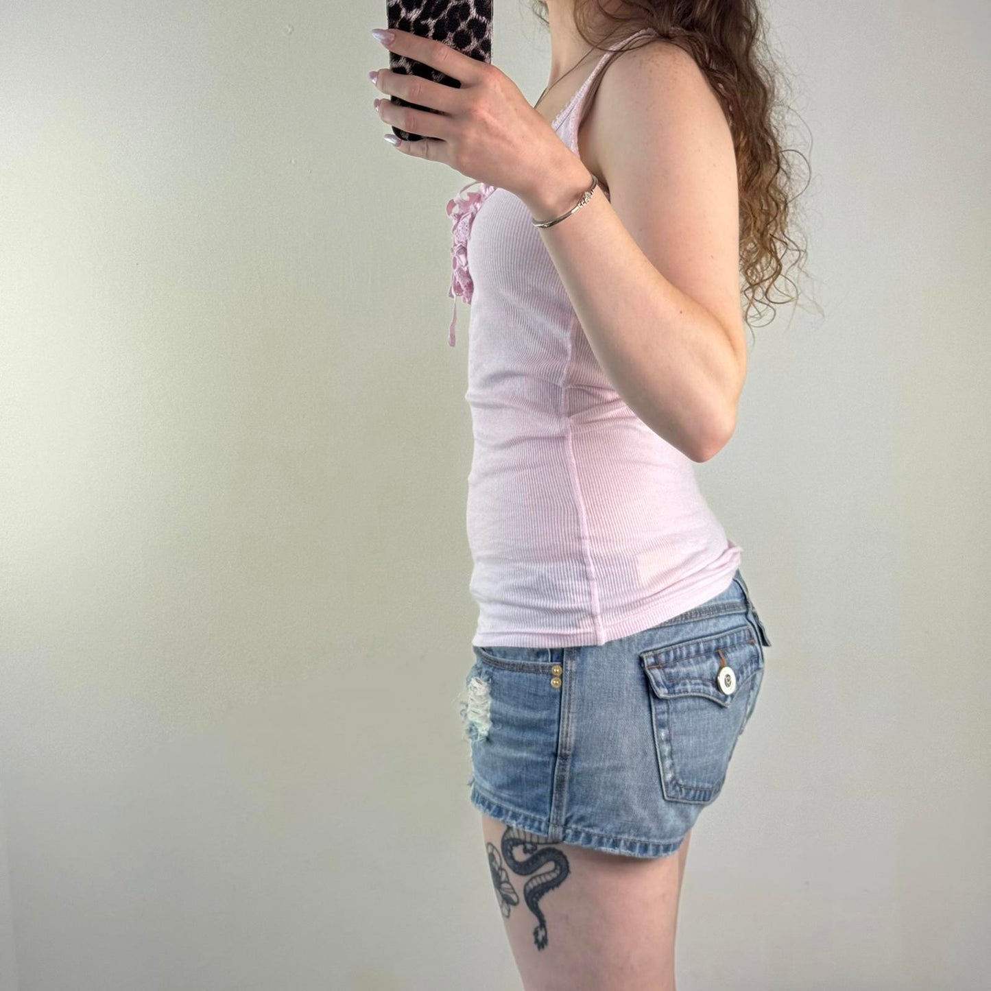 Y2K vintage ribbed tank top longline frilly bow broderie anglaise round neck
