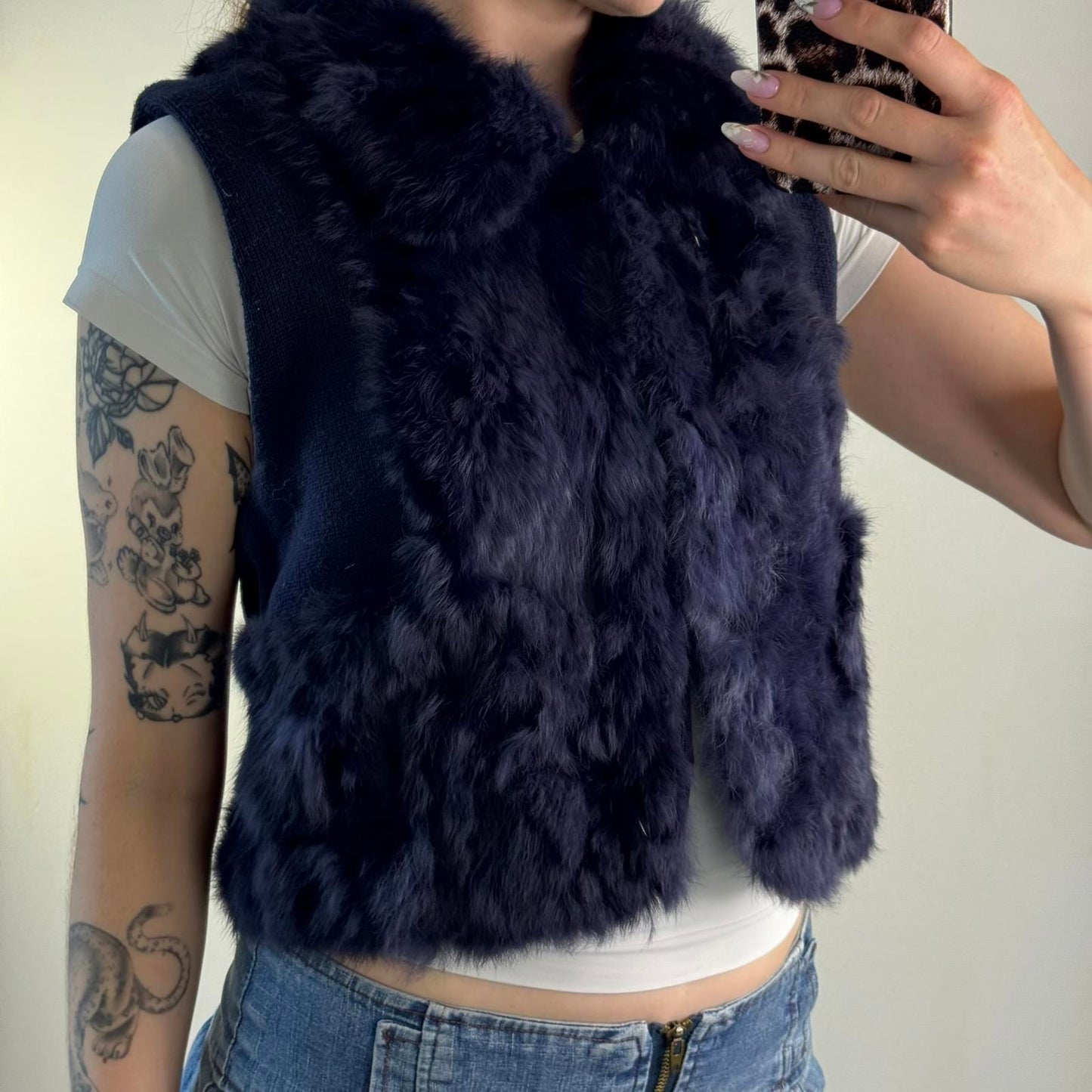 Genuine lapin rabbit fur gilet lace up back sleeveless jacket blue hook and eye