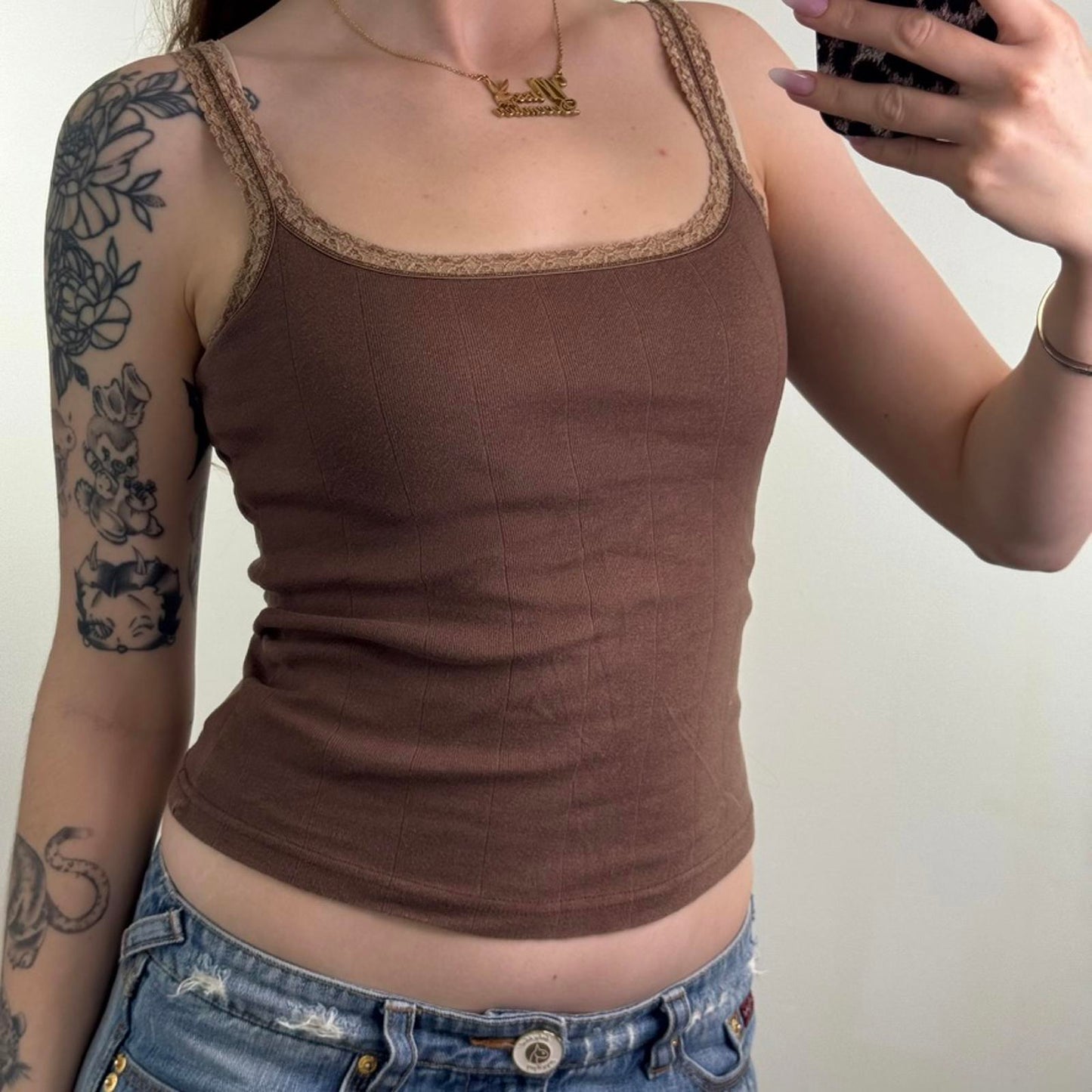 Y2K vintage Tammy cami top stretchy fitted lace trim brown stripe