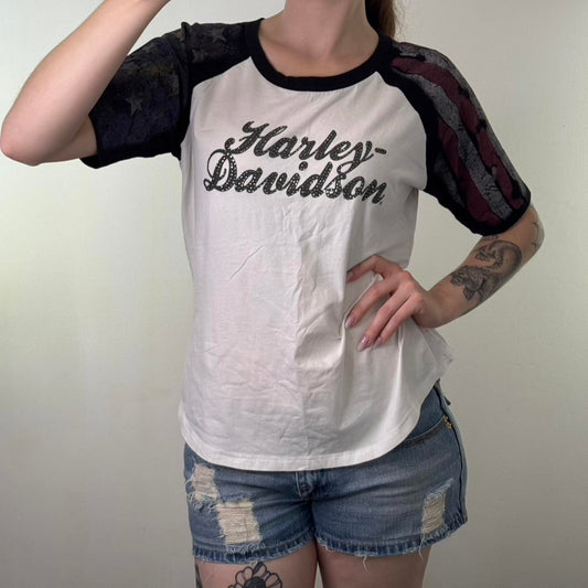 Y2K vintage Harley Davidson short sleeve t shirt studded USA flag baseball top