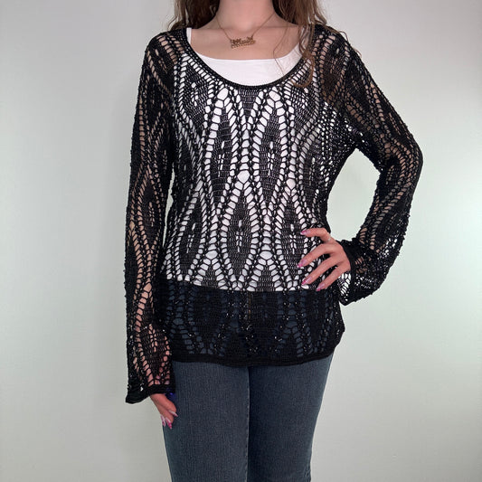 Y2K crochet flared long sleeve top