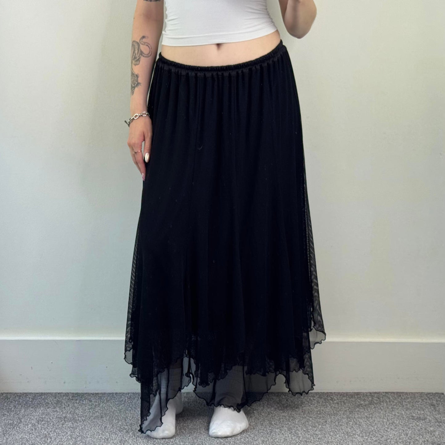 Y2K vintage mesh fishnet overlay maxi skirt lettuce asymmetrical hem stretchy