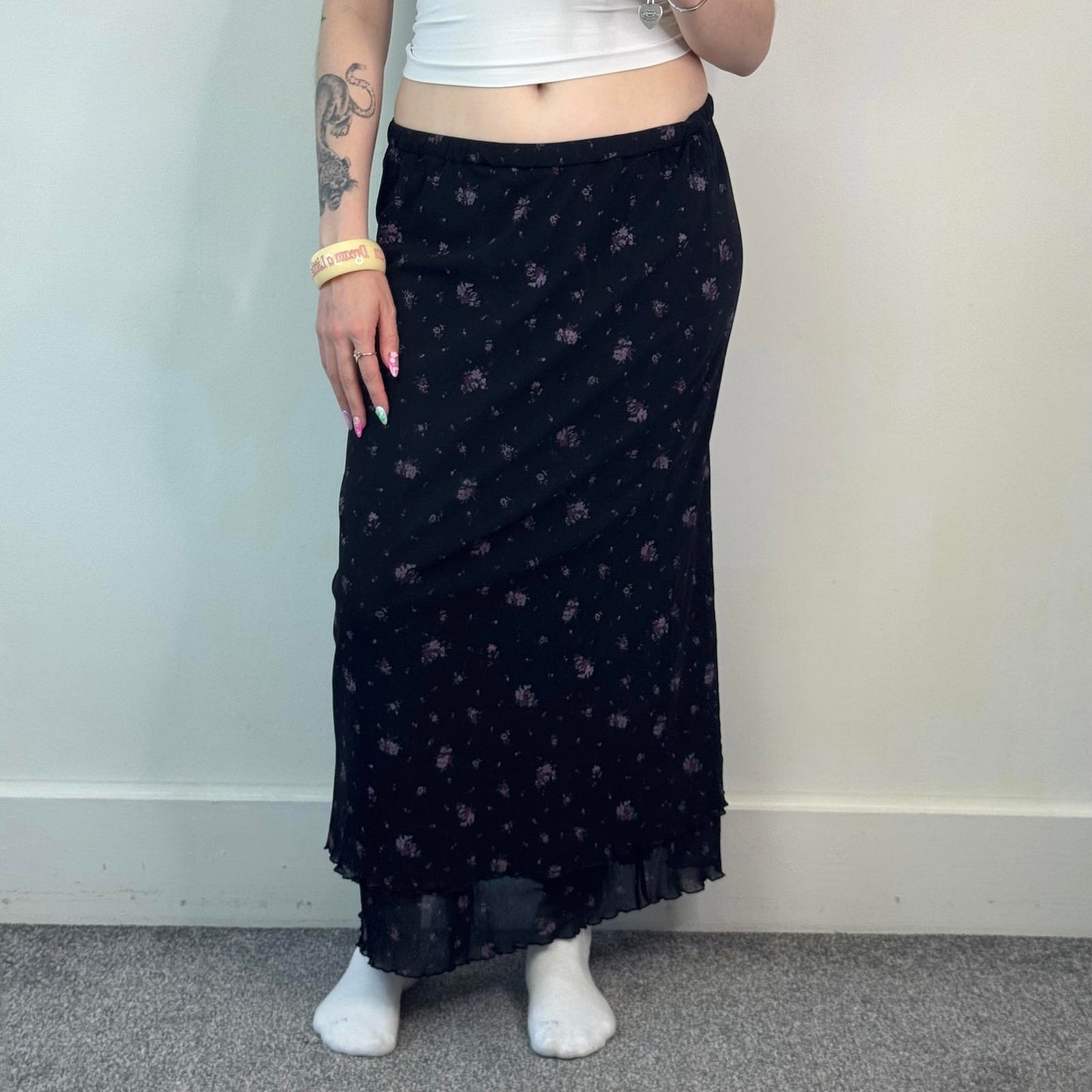 Y2K vintage black ditsy lilac floral double mesh overlay maxi skirt lettuce hem