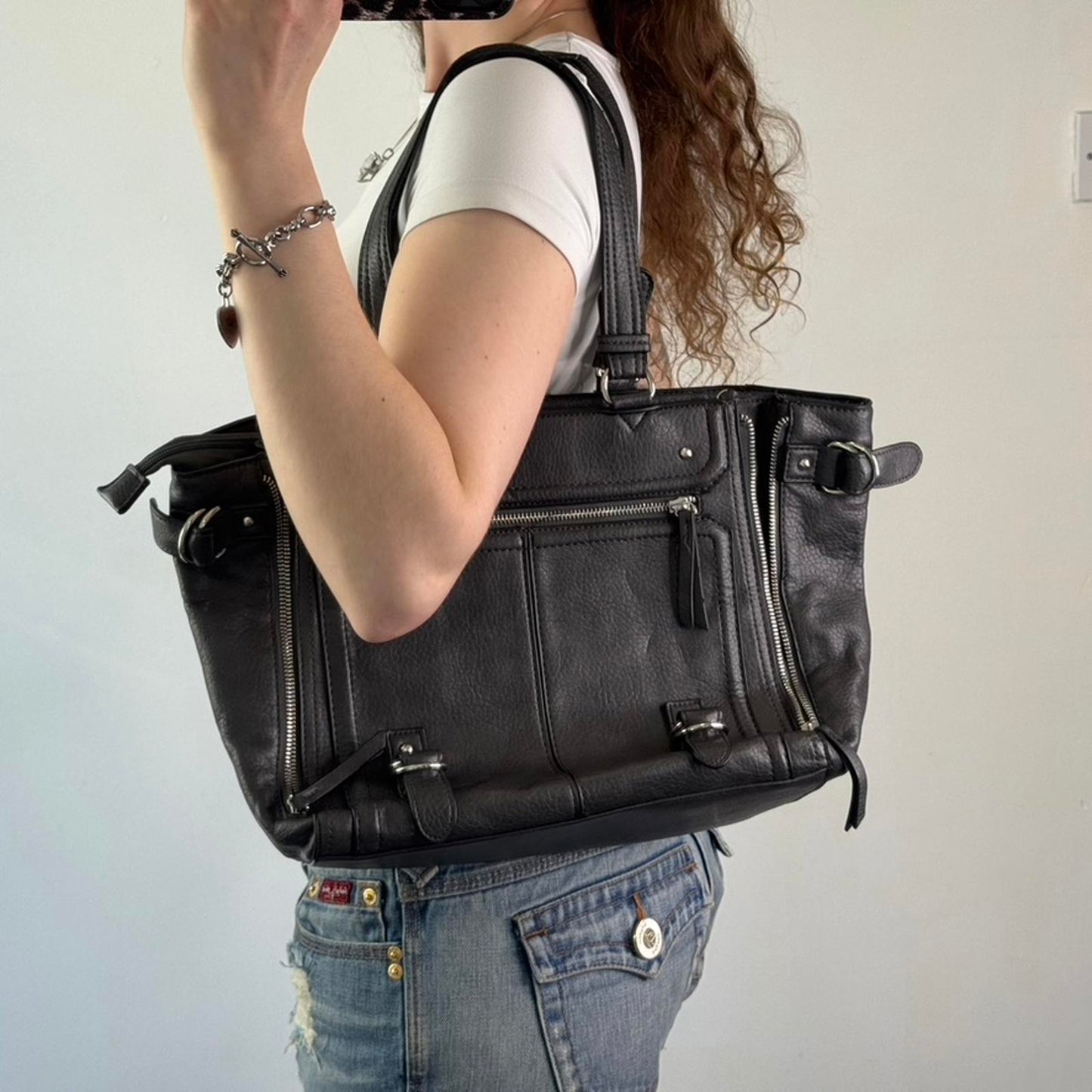 Y2K vintage faux leather shoulder bag zipper studded buckle medium size