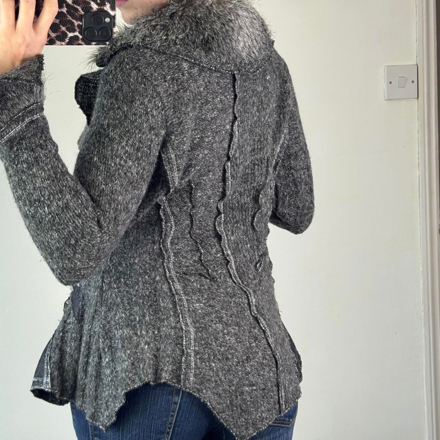 Y2K vintage archive knit patchwork zip up cardigan real fur leopard print button