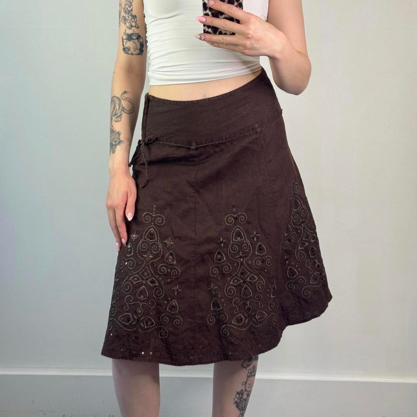 Y2K vintage 100% linen sequin embroidered embellished midi skirt a line belt