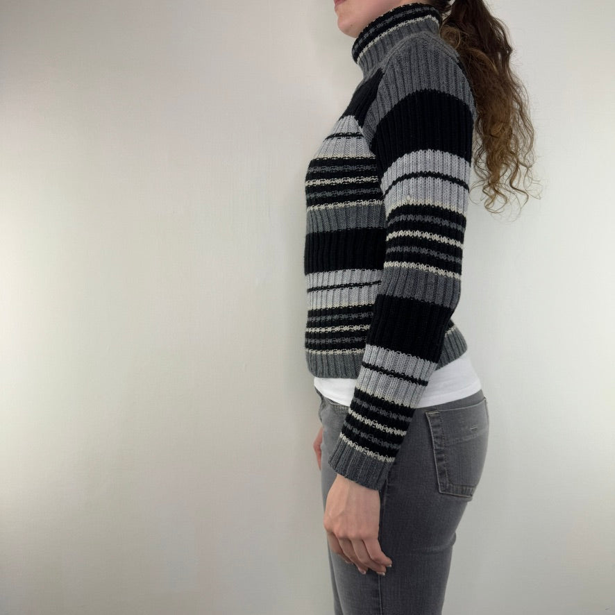 Y2K vintage roll neck knit jumper turtleneck grey black stripe fitted