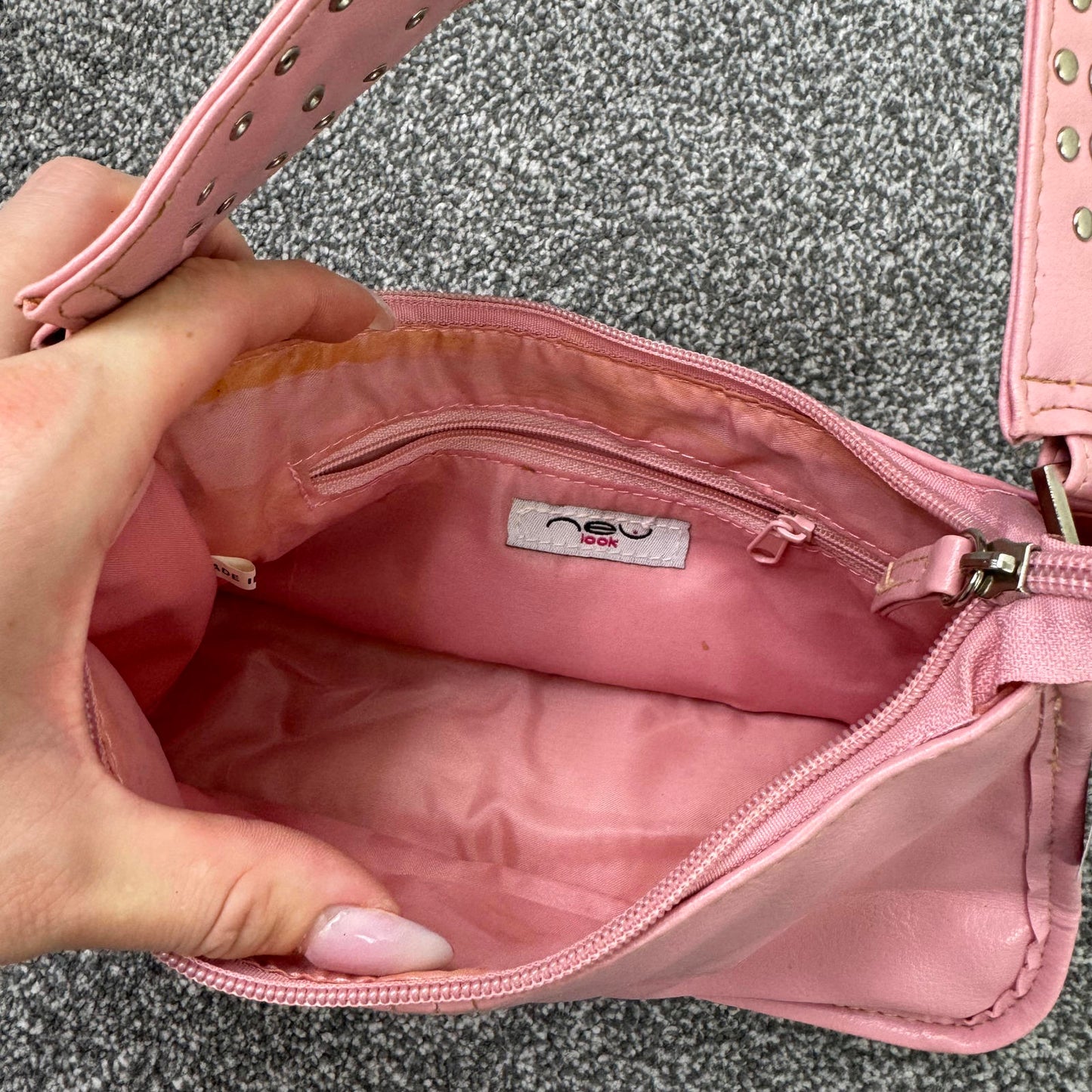 Y2K vintage faux leather mini shoulder bag baby pink studded rhinestone