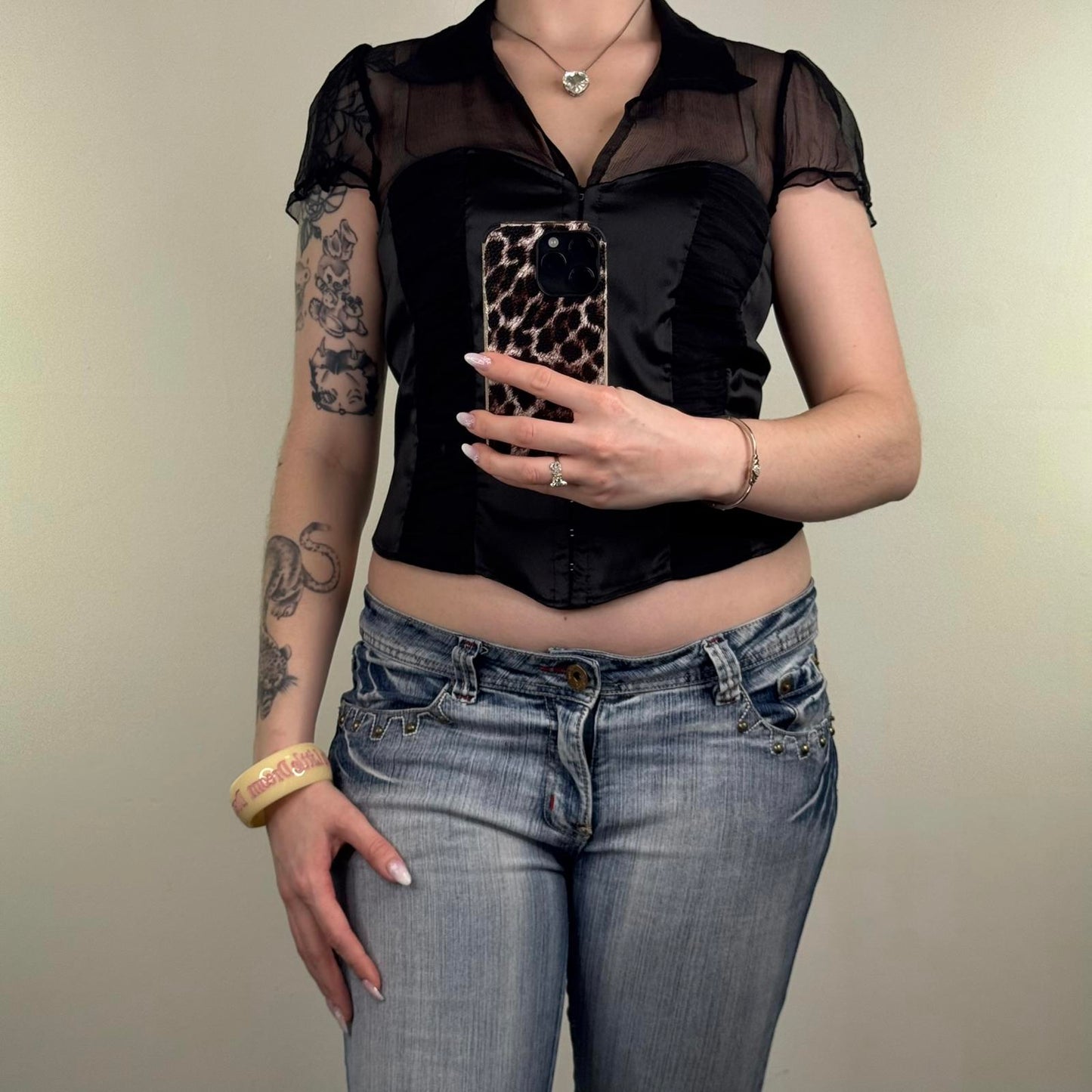 Y2K vintage silk blouse short sleeve hook eye v neck ruched sheer frill black