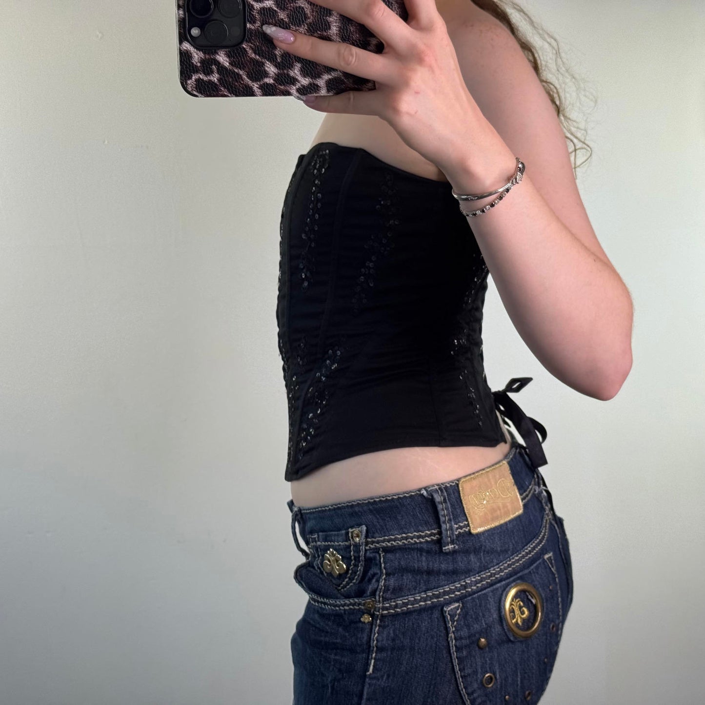 Y2K vintage boned strapless sequin top embellished hook and eye structured