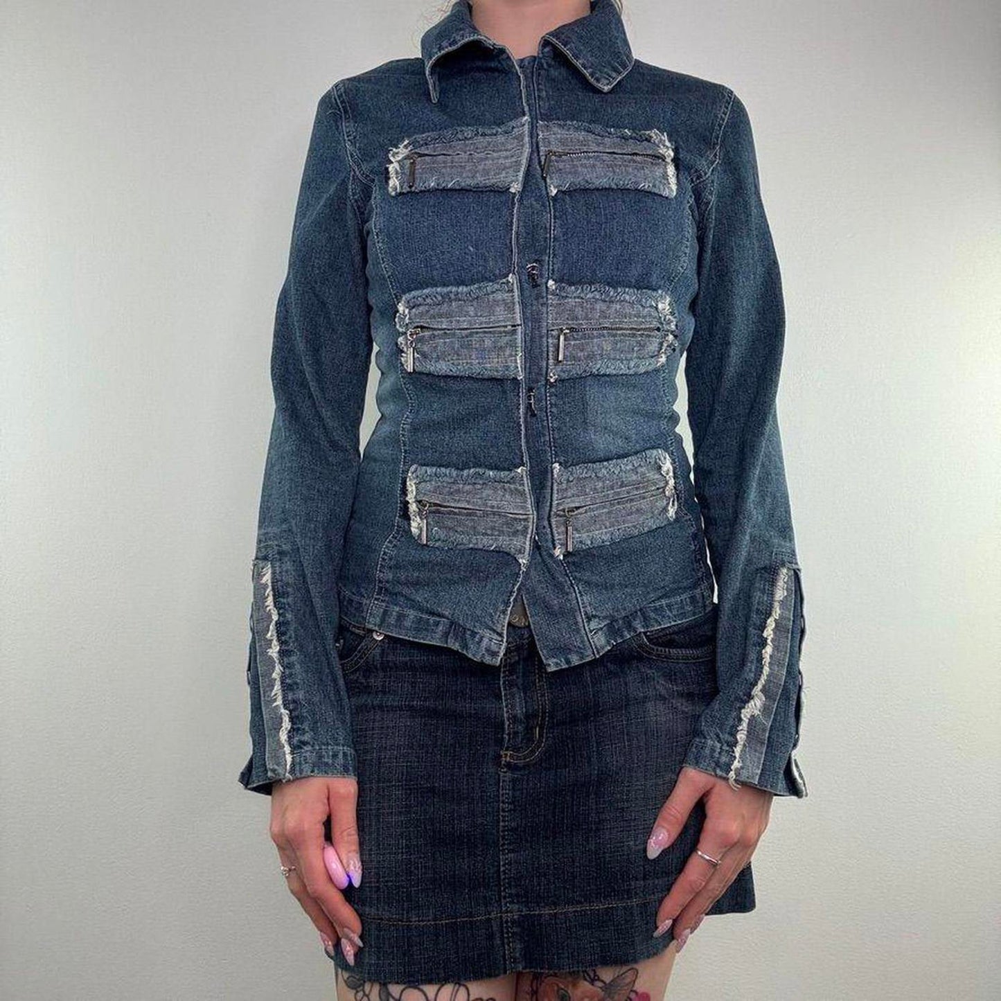 Y2K vintage Miss Posh military fitted faded denim jacket fraying contrast blue