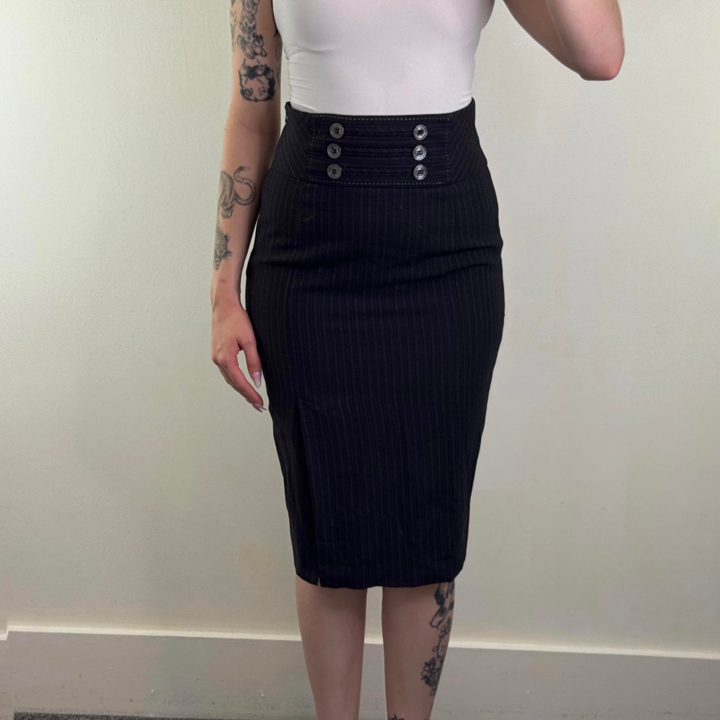 Y2K vintage Karen Millen wool cashmere pinstripe midi skirt buttons tailored