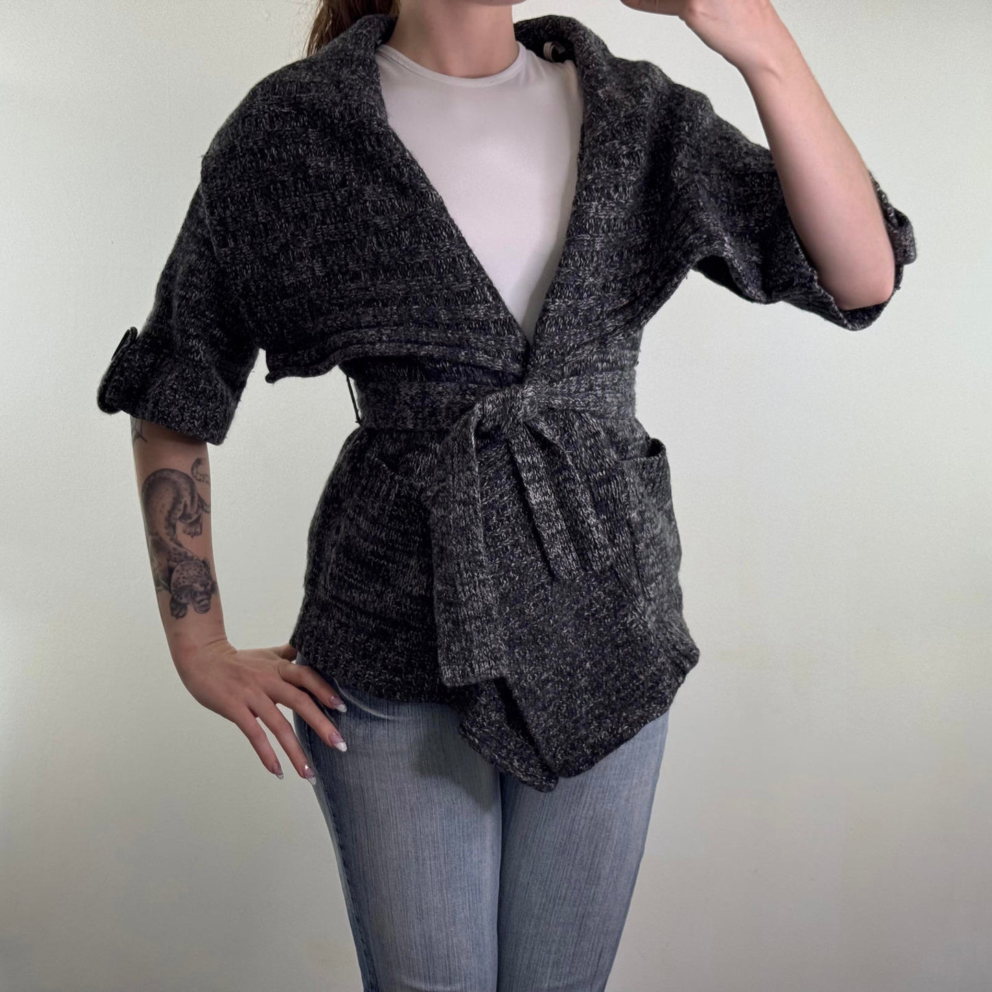 Vintage Karen Millen cashmere angora wool blend short sleeve cardigan belt