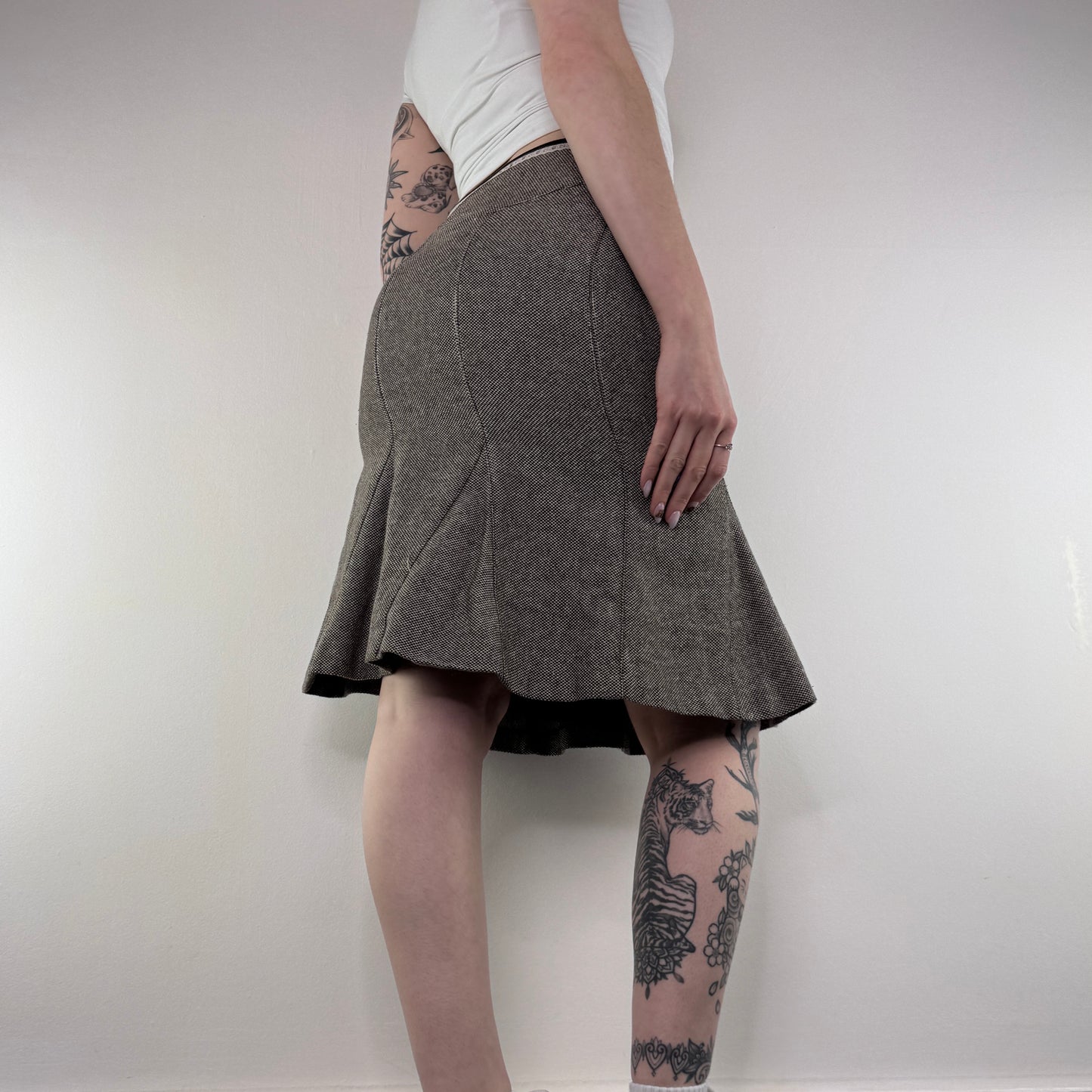 Y2K vintage tweed lace trim midi skirt