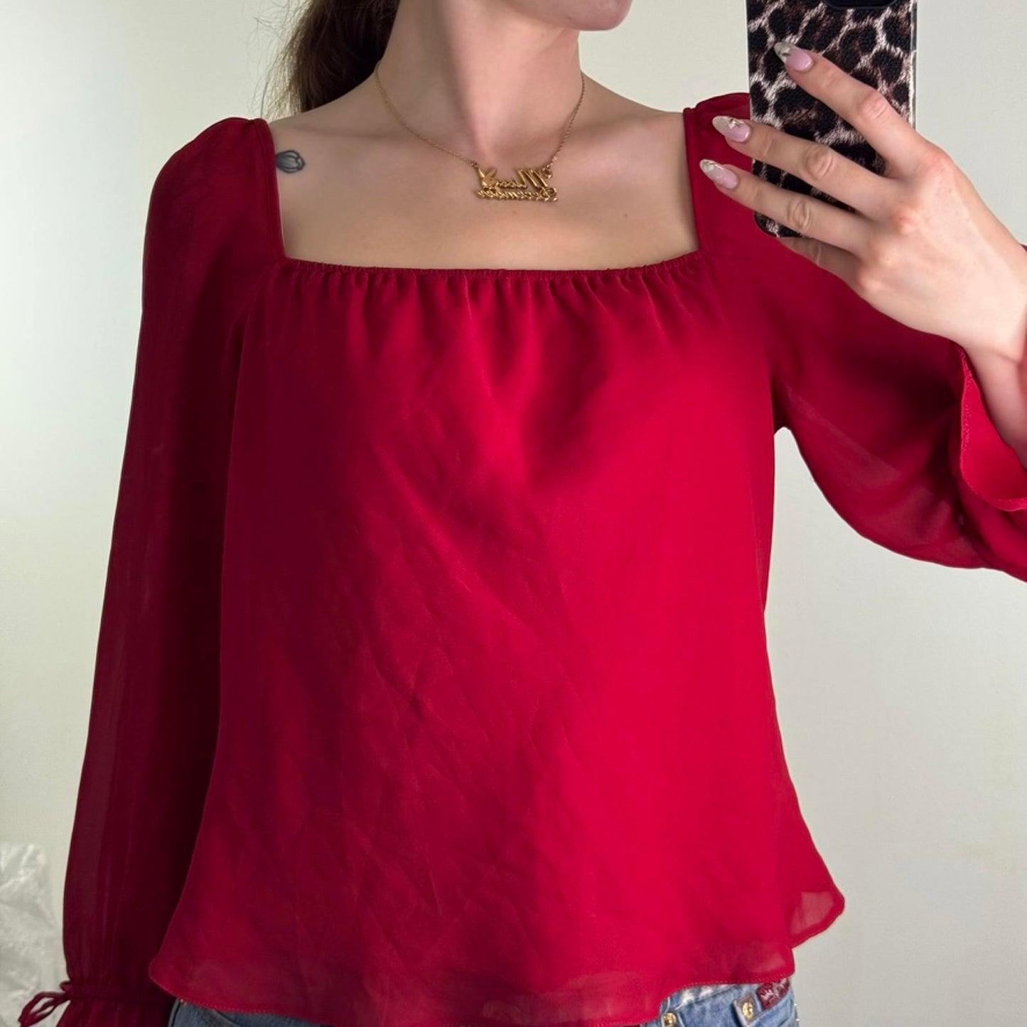 Y2K vintage long sleeve blouse milkmaid square neck top red ruched