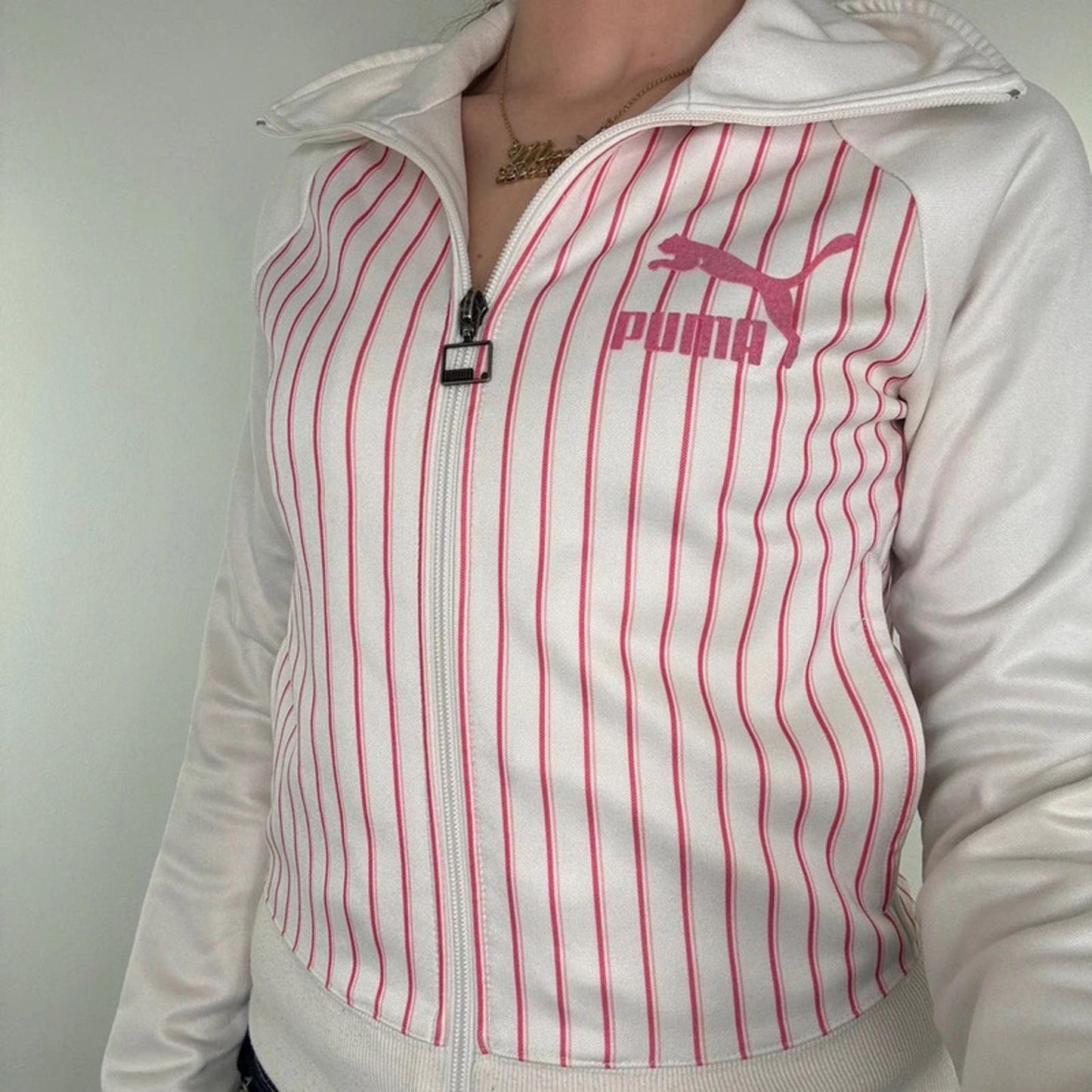 Y2K vintage Puma pinstripe zip up jumper white baby pink