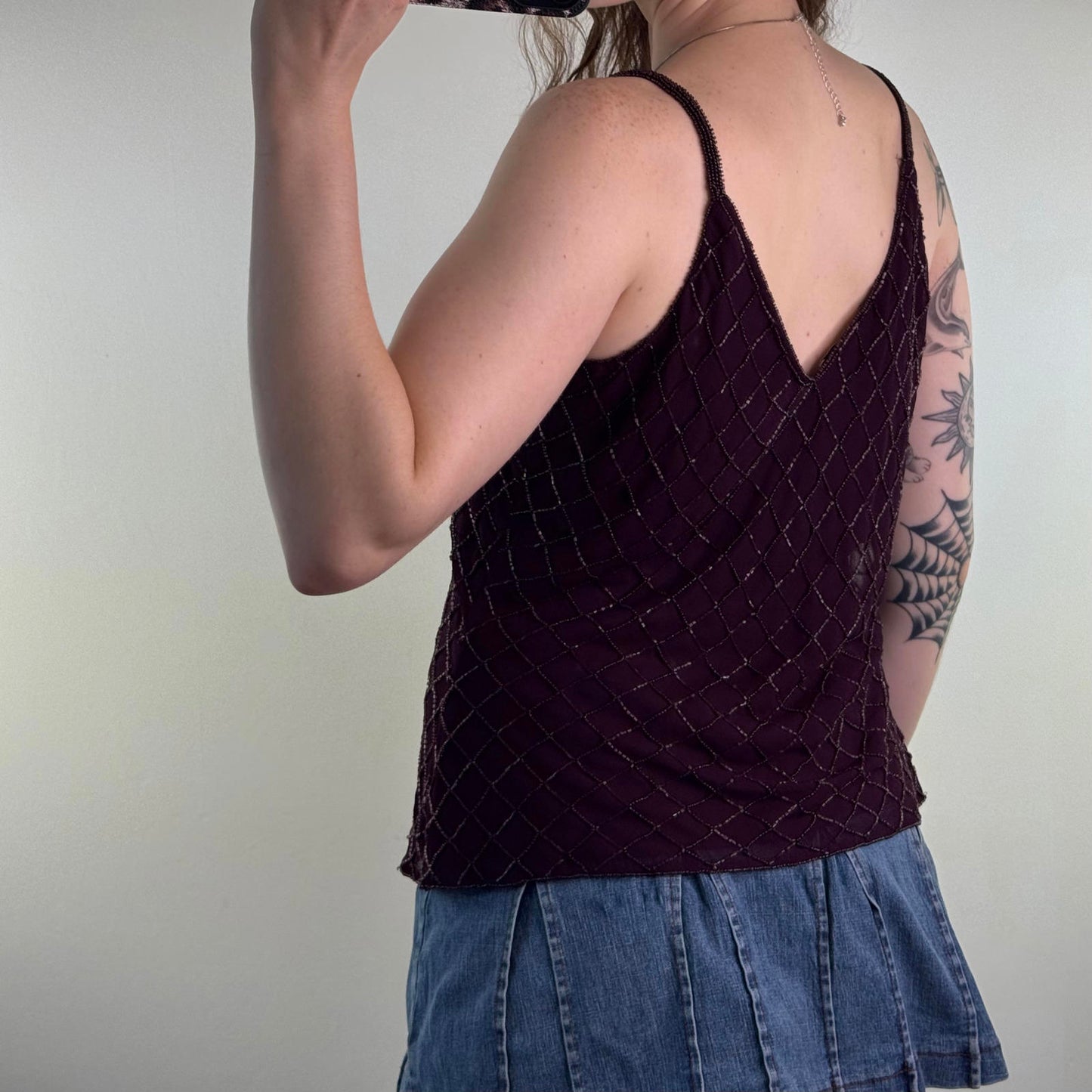 Y2K vintage beaded embellished v neck cami top diamond double layer