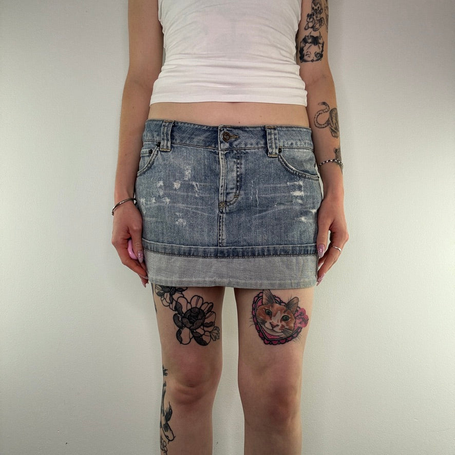 Y2K low rise distressed denim two tone mini skirt