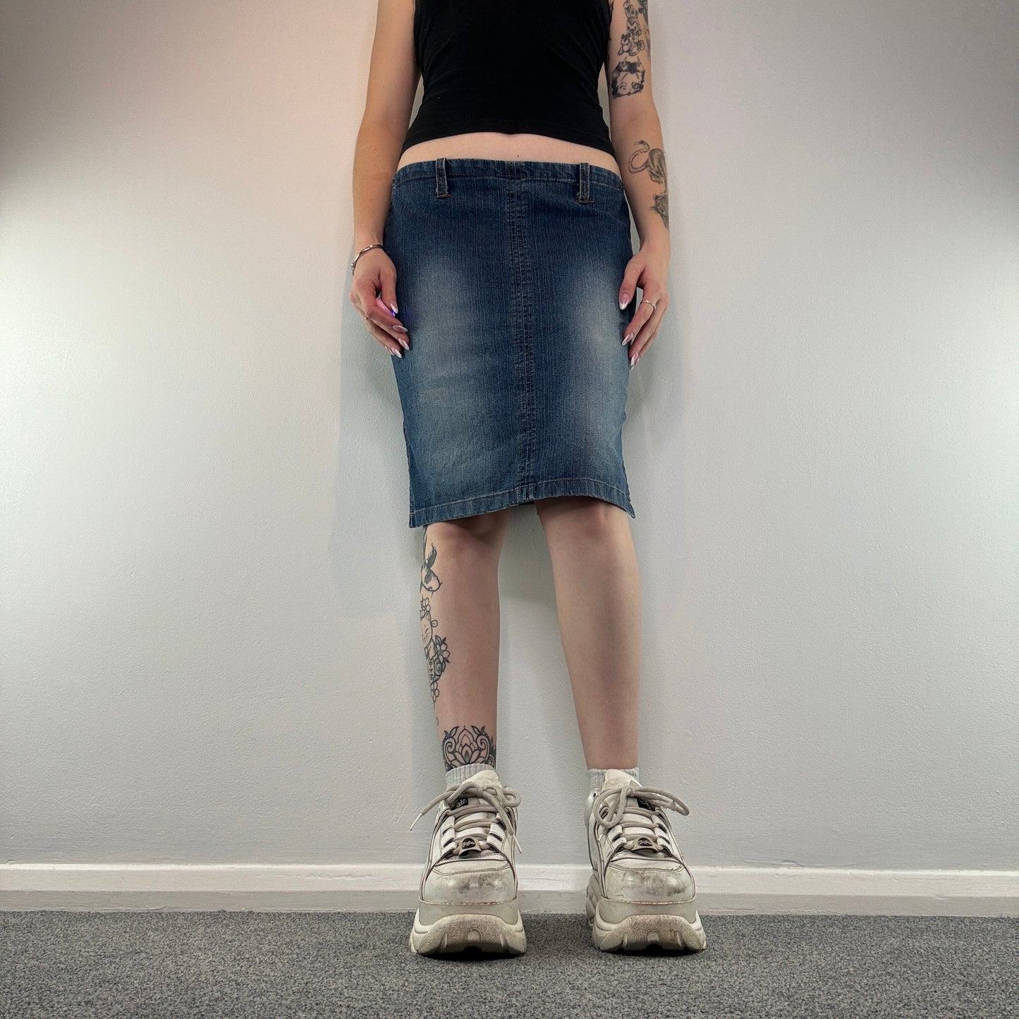 Y2K faded denim midi skirt