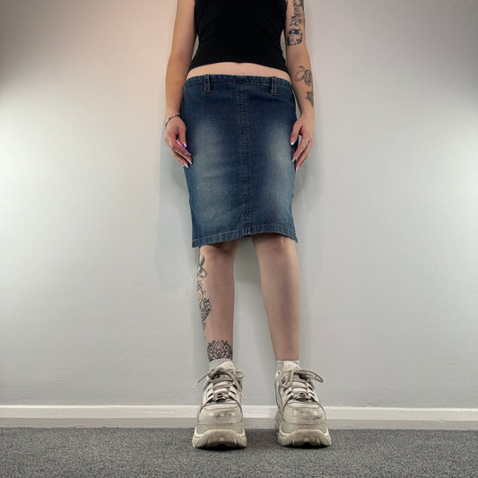 Y2K faded denim midi skirt