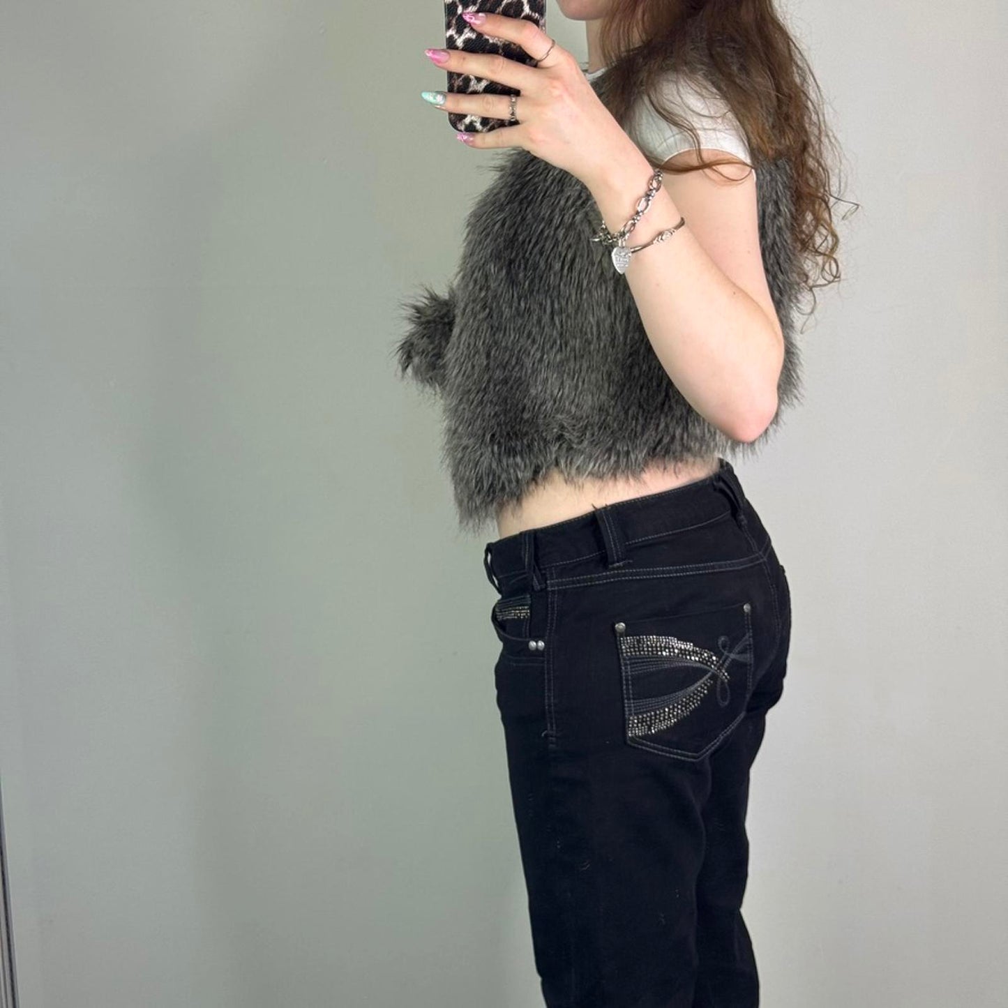 Y2K vintage grey faux fur sleeveless gilet jacket pom poms bow cropped v neck