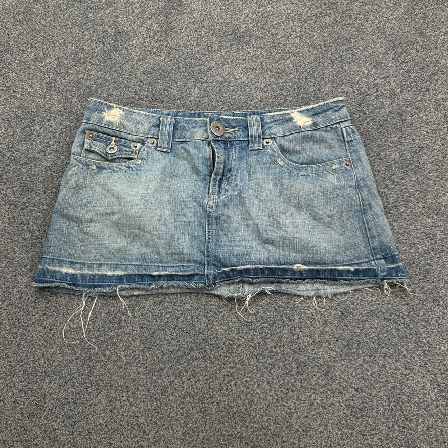 Y2K vintage faded denim distressed low rise mini skirt