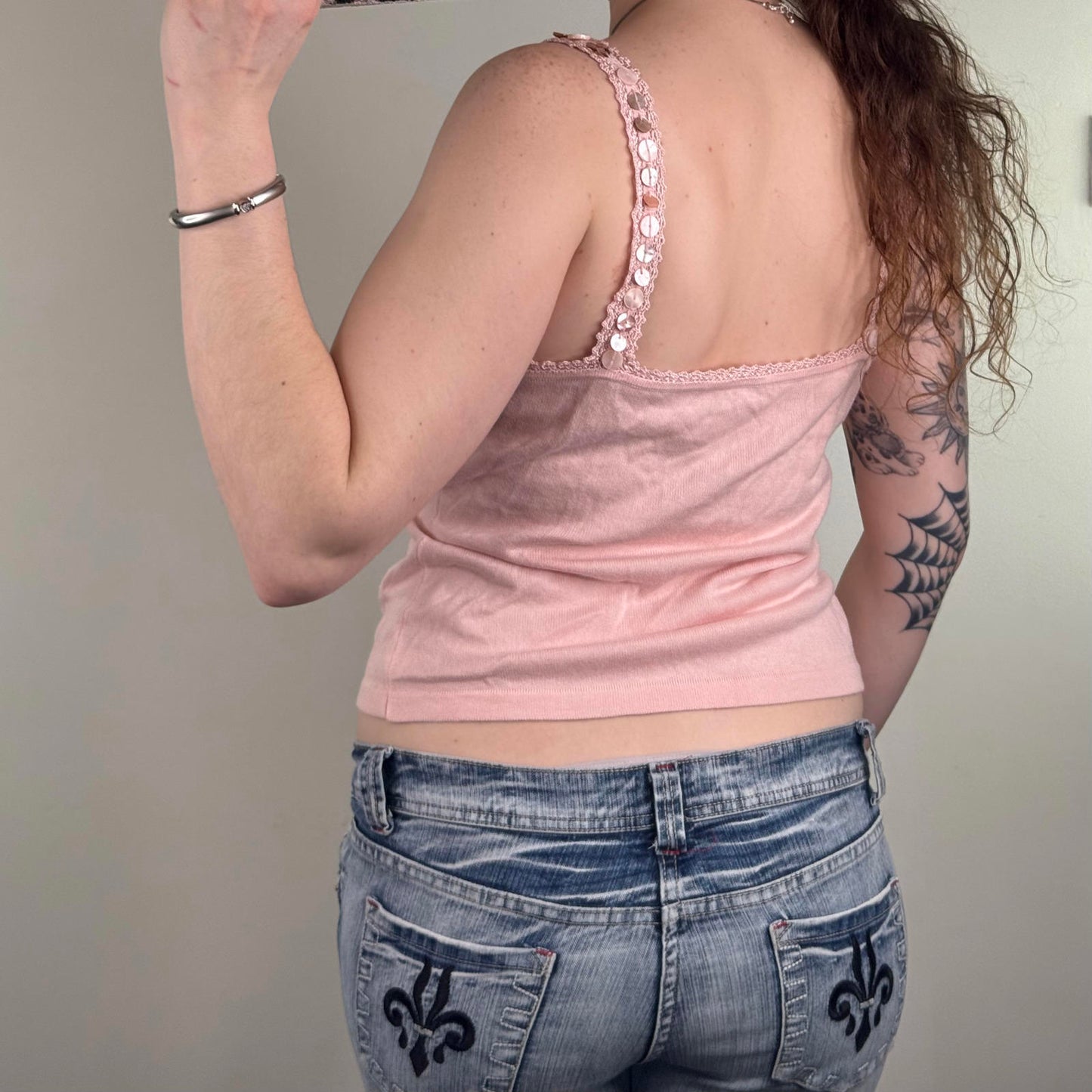 Y2K vintage fine knit cami top shell buttons embellished trim light pink
