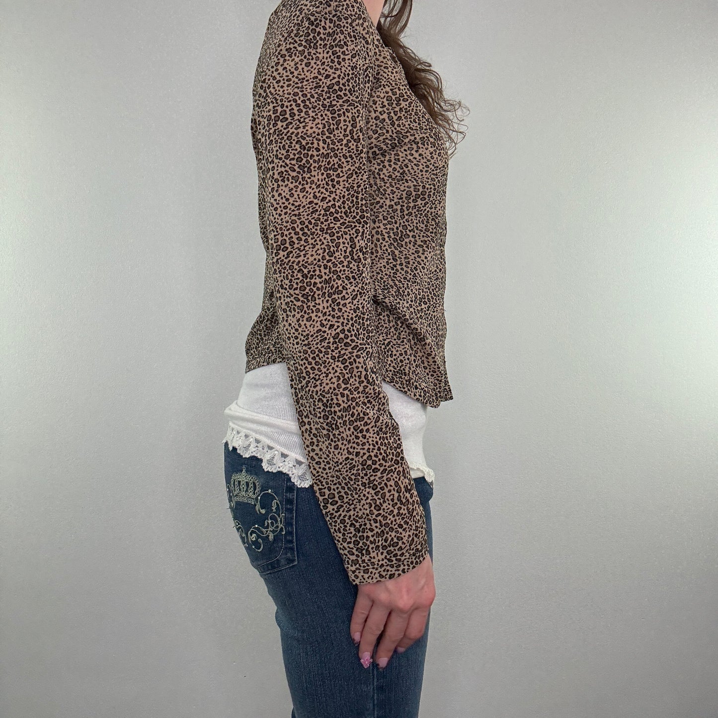 Y2K vintage leopard print mesh button up cardigan