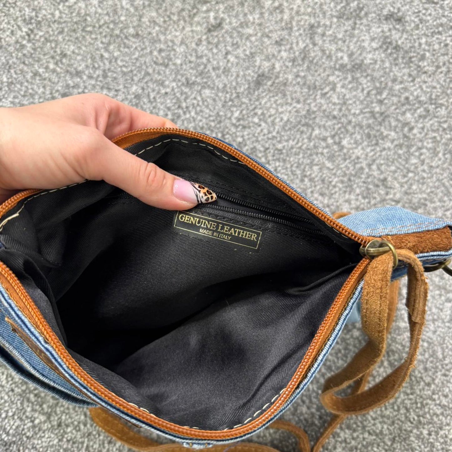 Y2K vintage side crossbody denim bag suede blue brown adjustable strap clutch