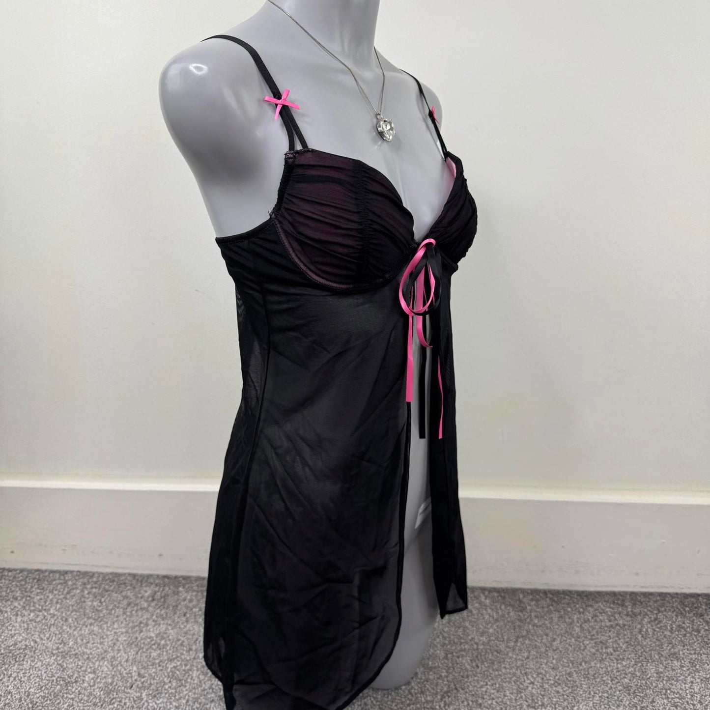 Y2K vintage mesh babydoll bow ruched underwire padded sheer pink black chemise